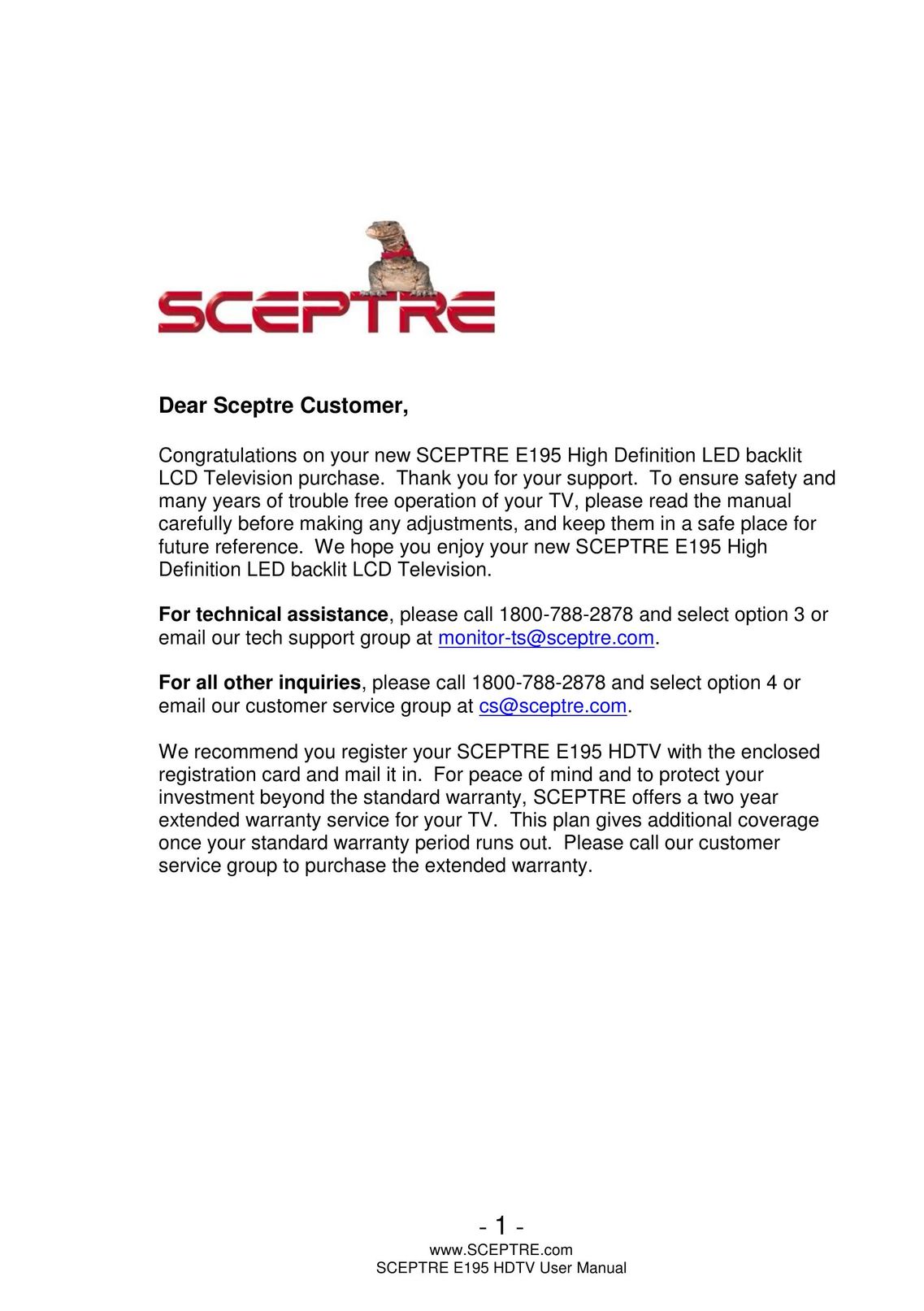 Sceptre Technologies E195 Flat Panel Television User Manual