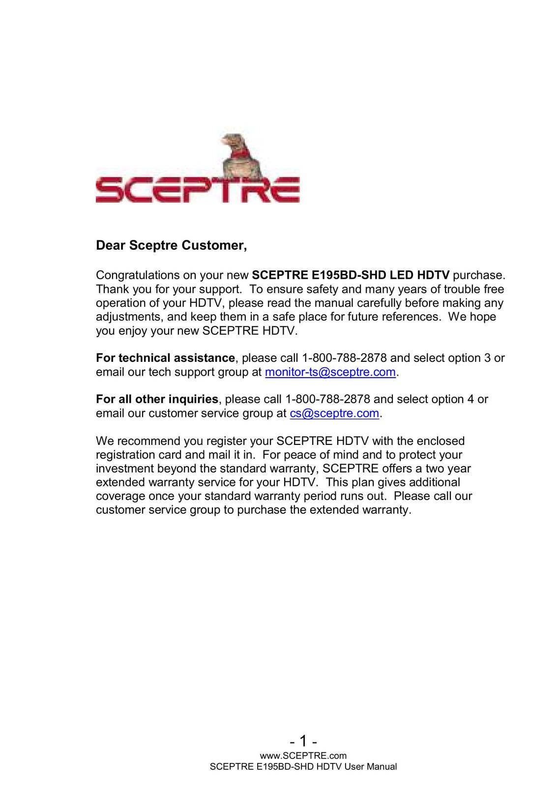 Sceptre Technologies E195BD-SHD Flat Panel Television User Manual