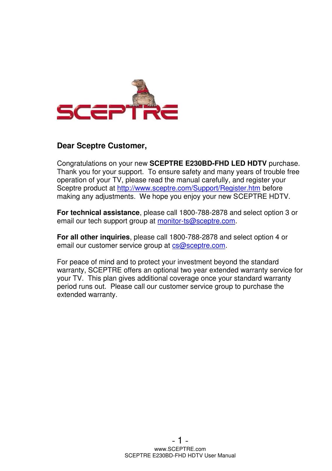Sceptre Technologies E230BD-FHD Flat Panel Television User Manual
