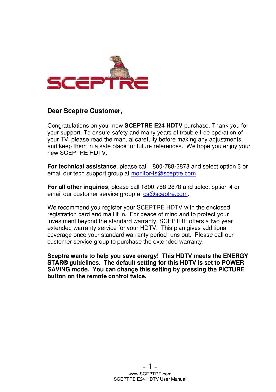 Sceptre Technologies E24 Flat Panel Television User Manual