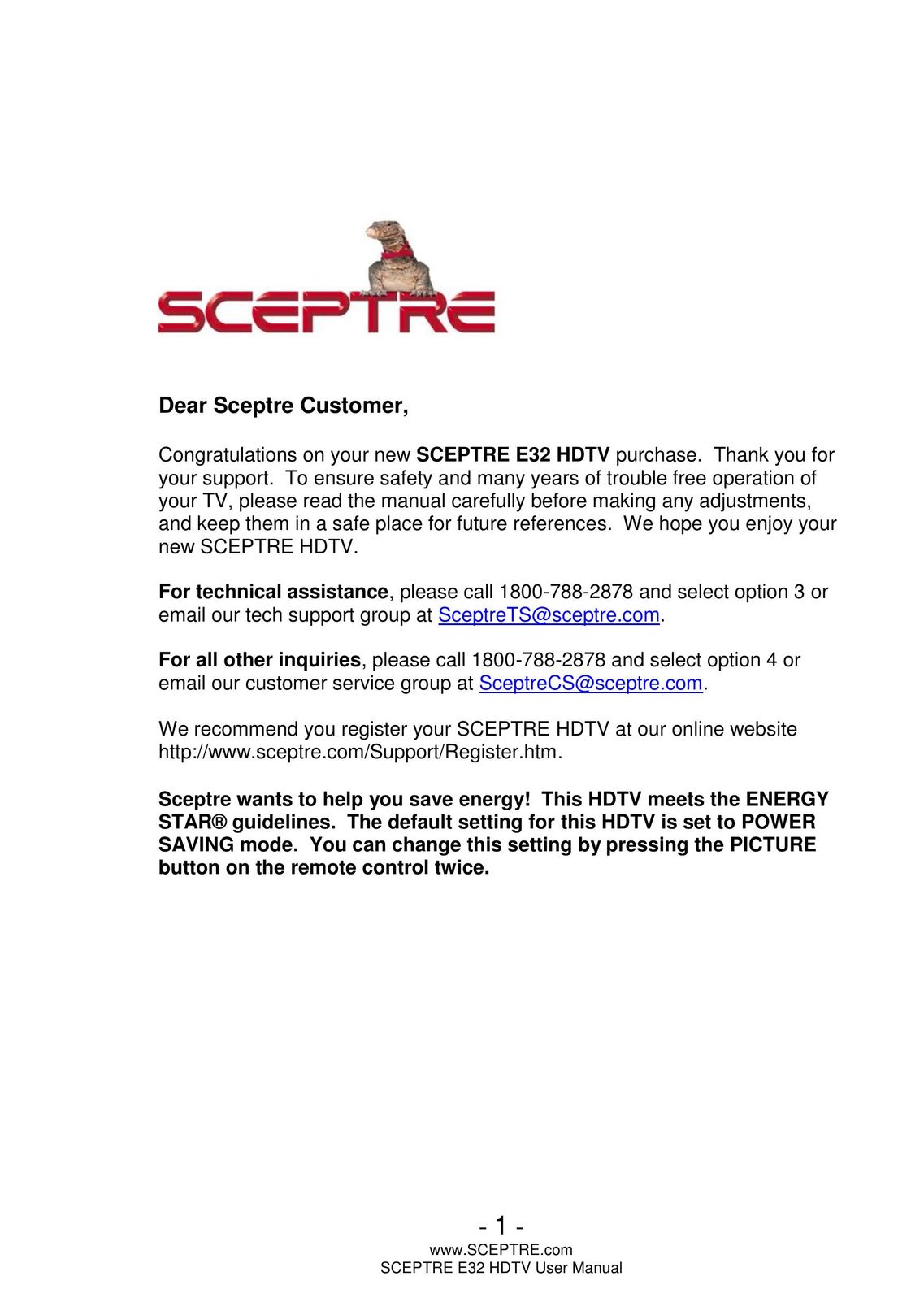 Sceptre Technologies E32 Flat Panel Television User Manual