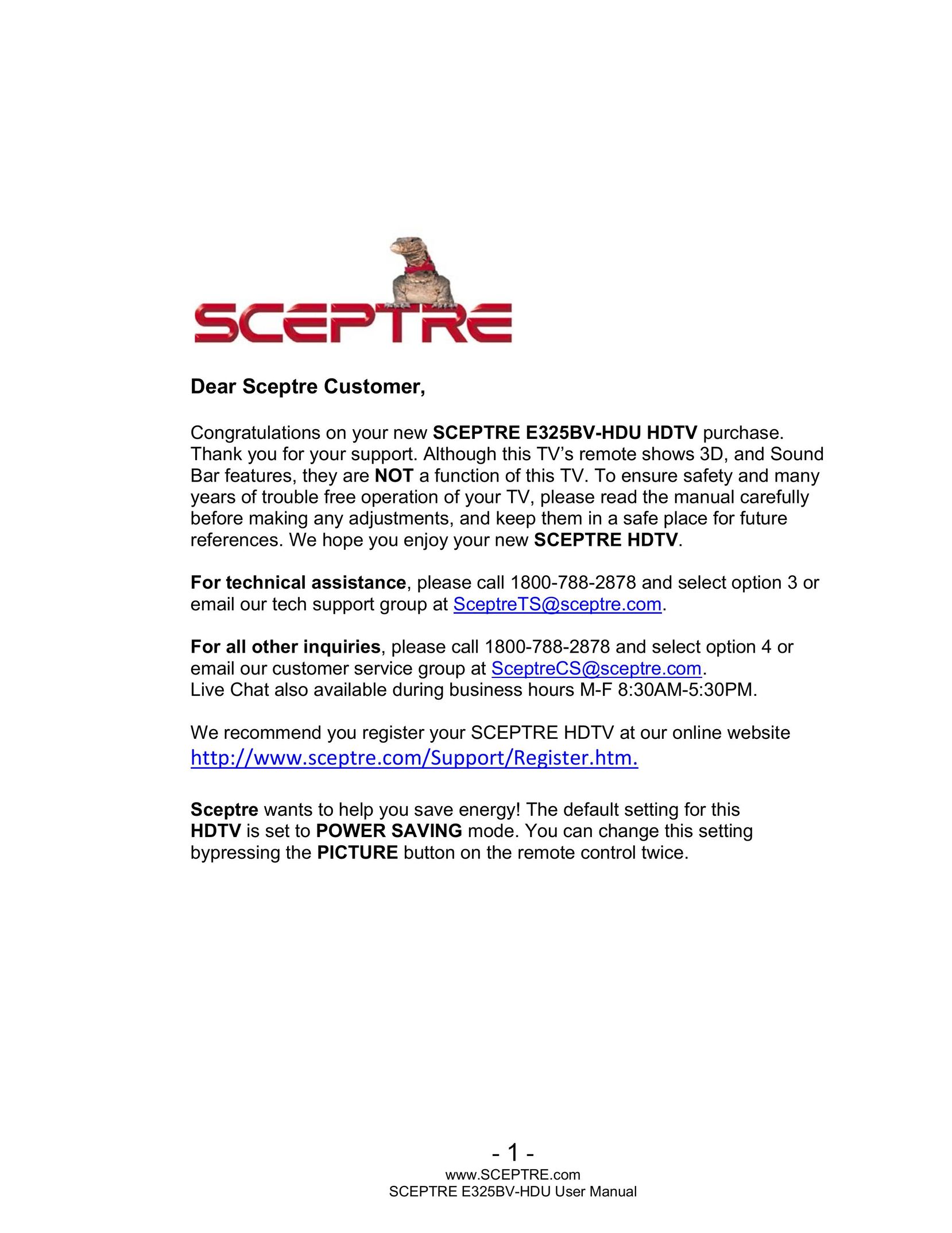 Sceptre Technologies E325BV-HDU Flat Panel Television User Manual