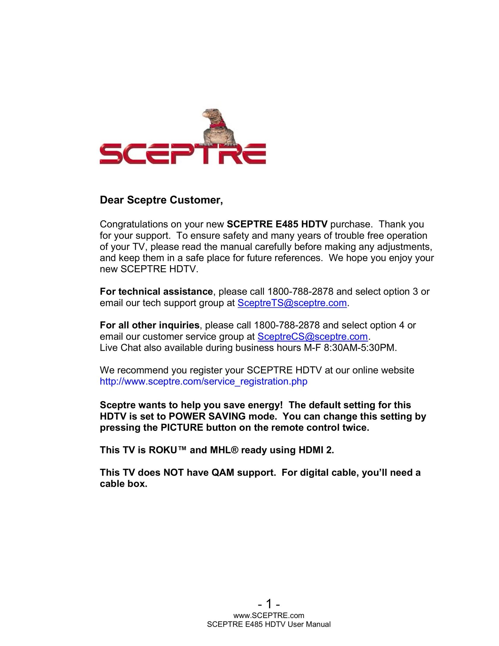 Sceptre Technologies E485 Flat Panel Television User Manual