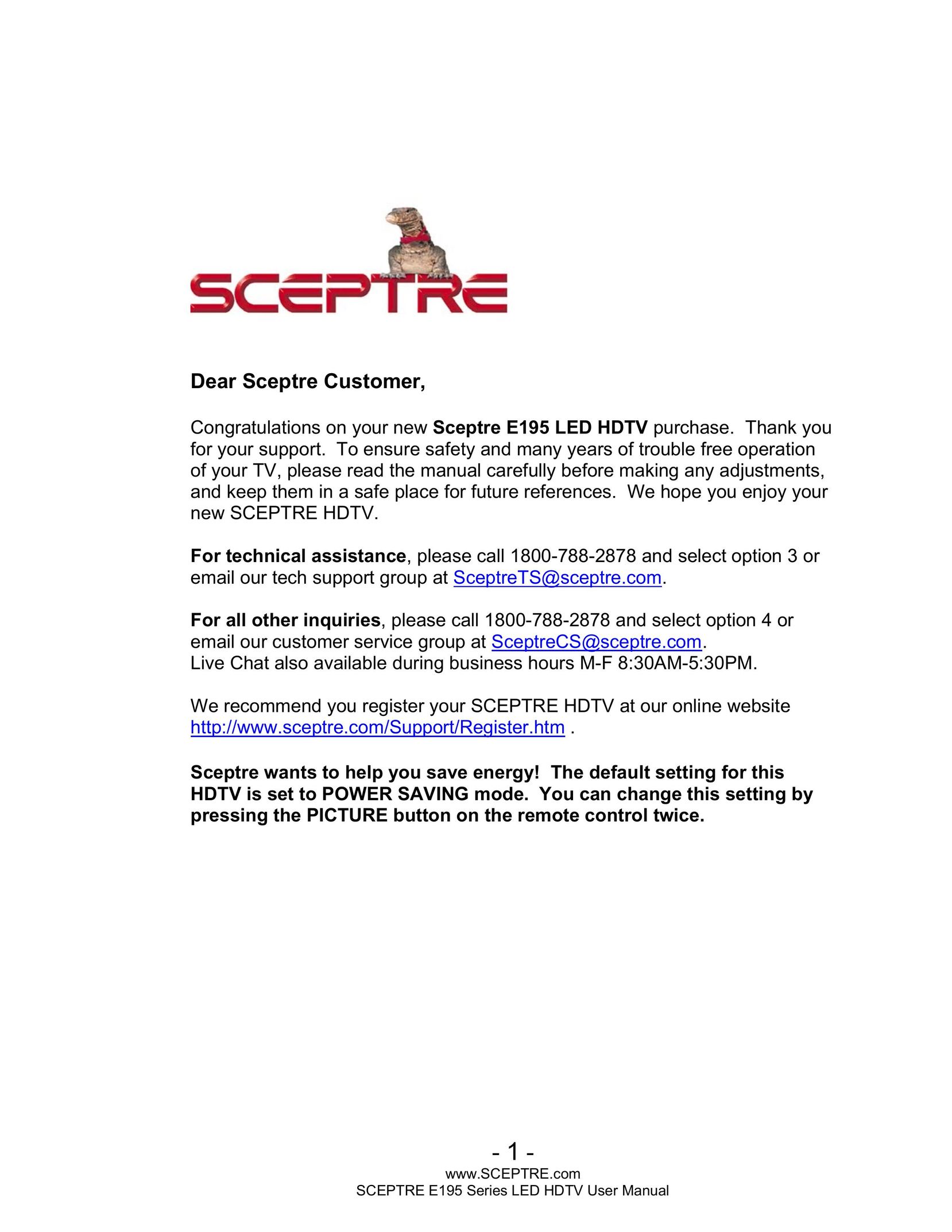 Sceptre Technologies LED HDTV Flat Panel Television User Manual