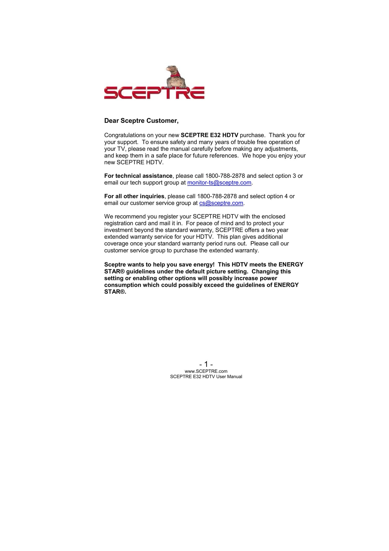 Sceptre Technologies SCEPTRE E32 HDTV Flat Panel Television User Manual