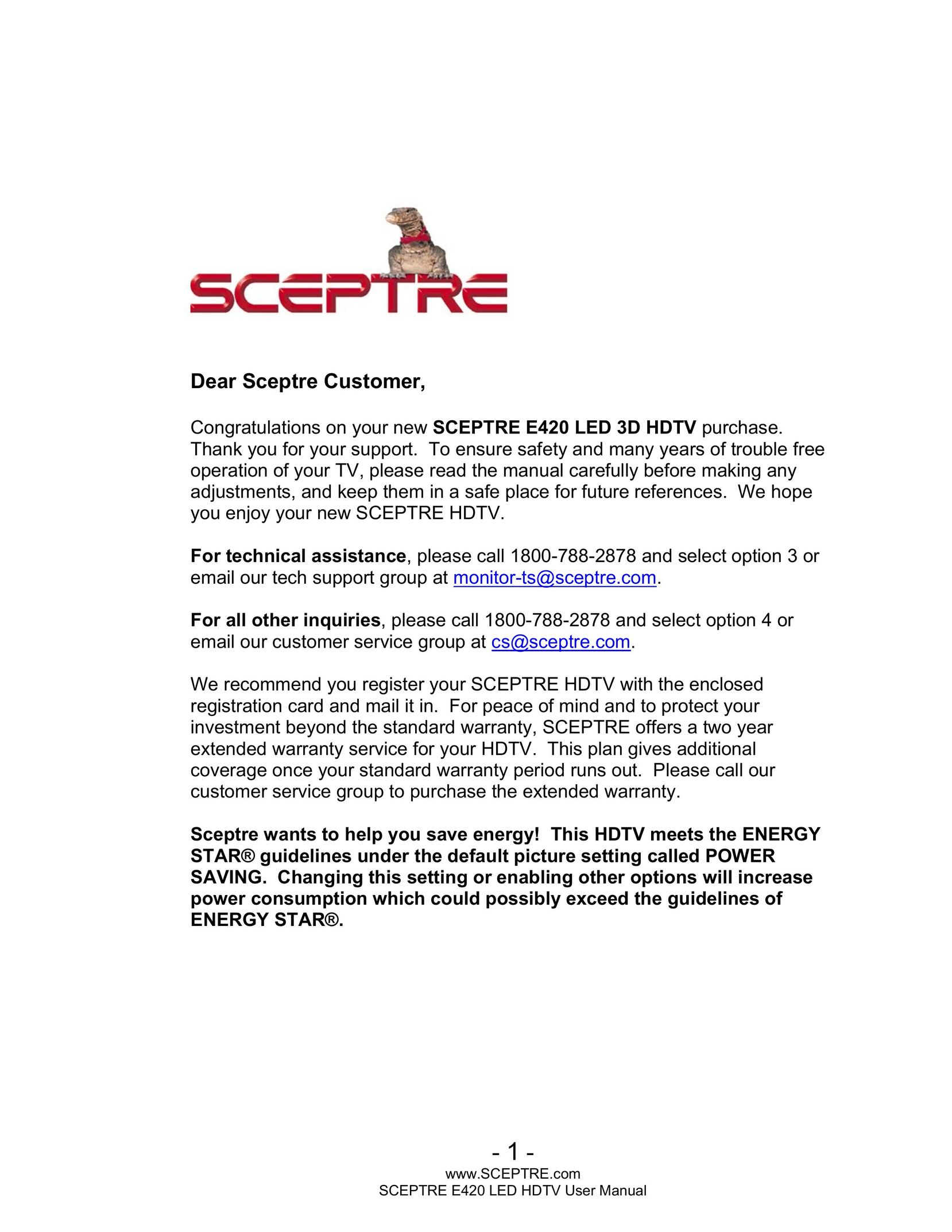 Sceptre Technologies SCEPTRE E420 LED 3D HDTV Flat Panel Television User Manual