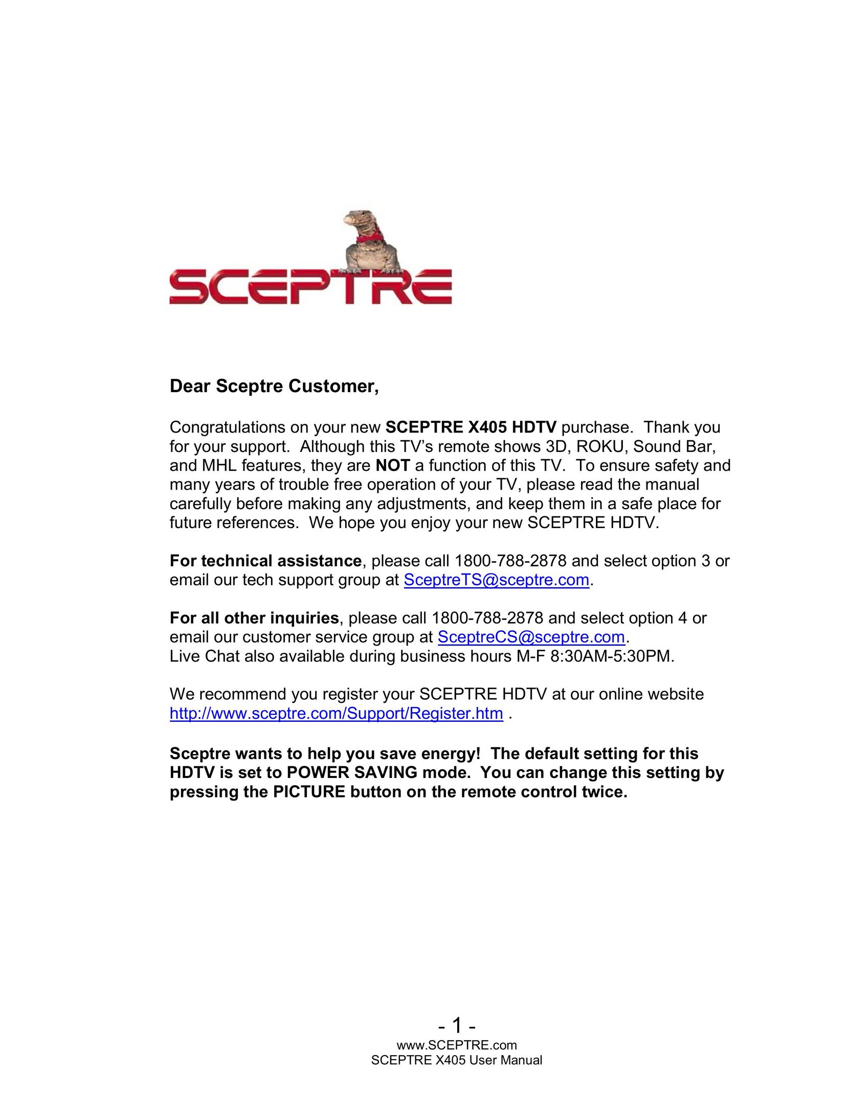 Sceptre Technologies SCEPTRE X405 HDTV Flat Panel Television User Manual