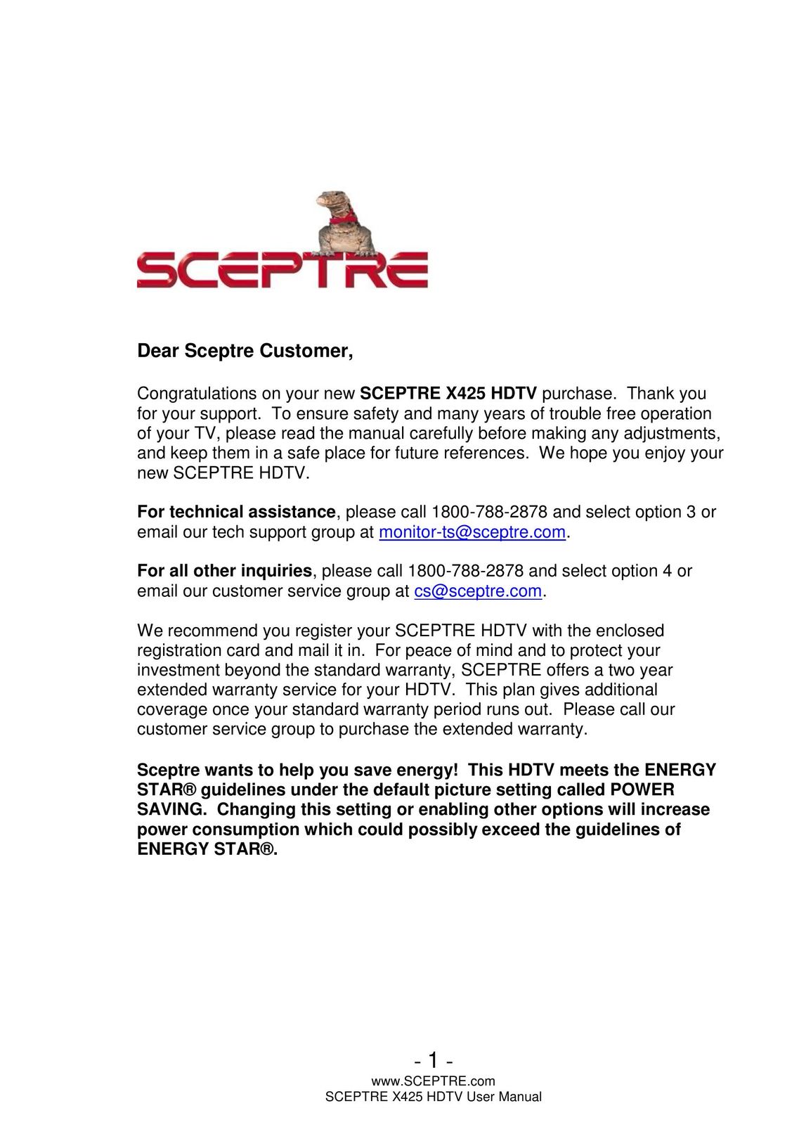 Sceptre Technologies SCEPTRE X425 HDTV Flat Panel Television User Manual