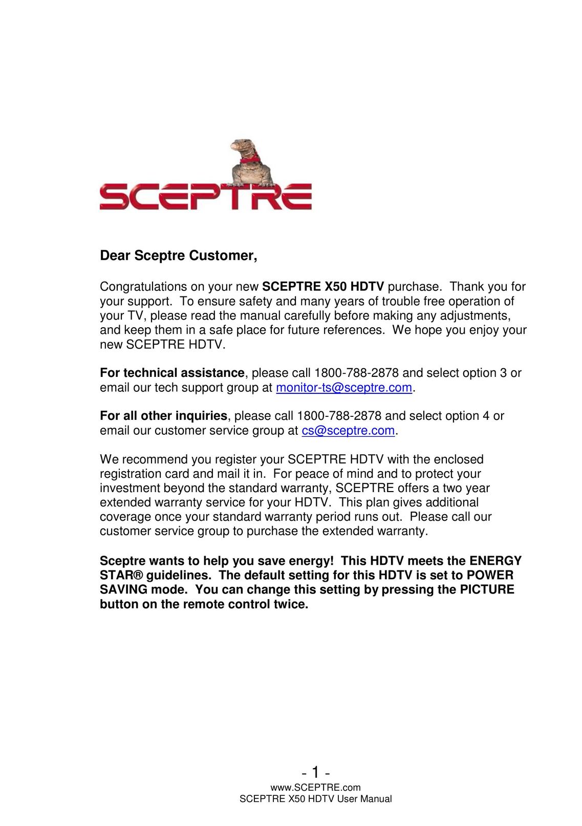 Sceptre Technologies Sceptre X50 HDTV Flat Panel Television User Manual