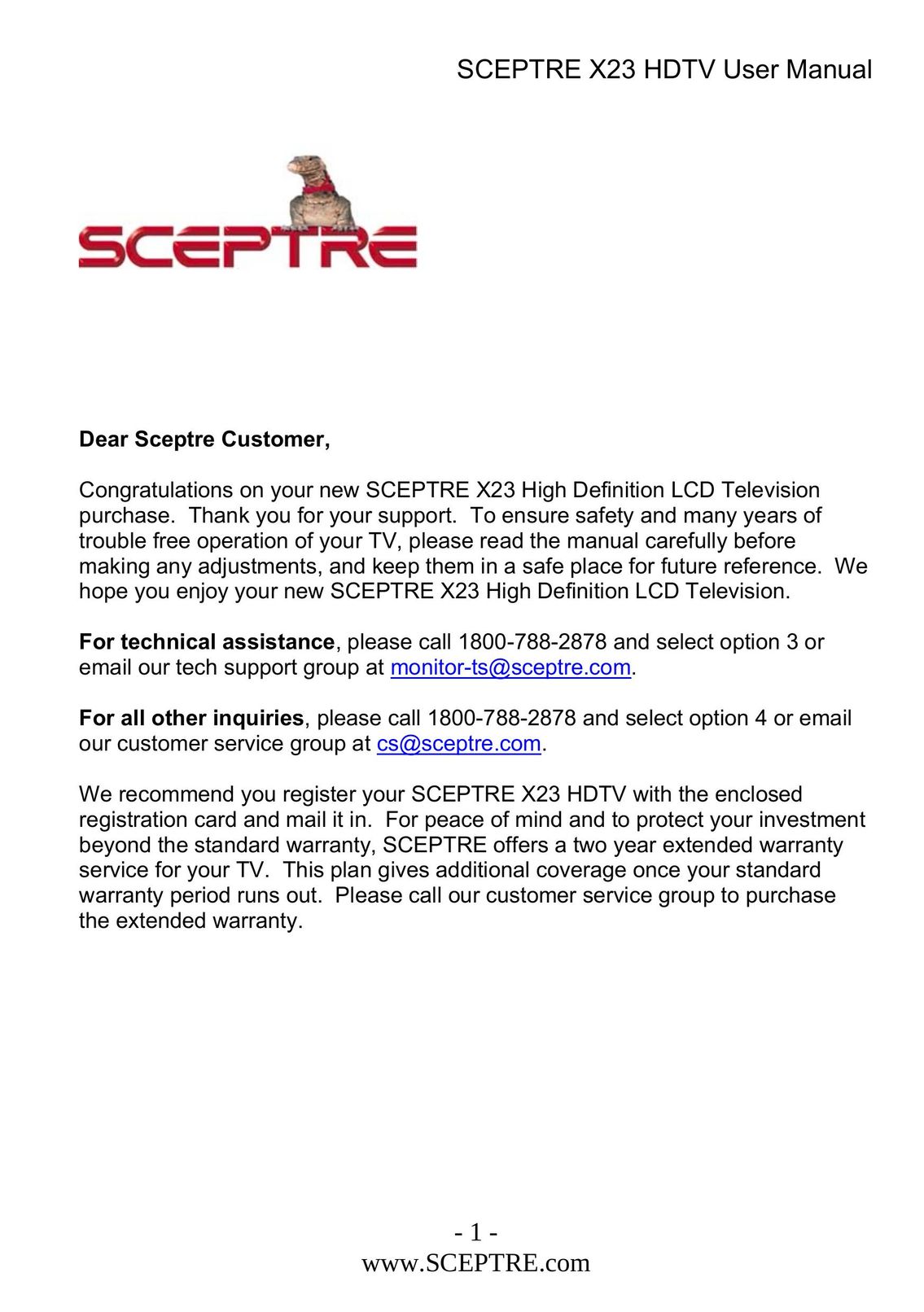 Sceptre Technologies X23 Flat Panel Television User Manual