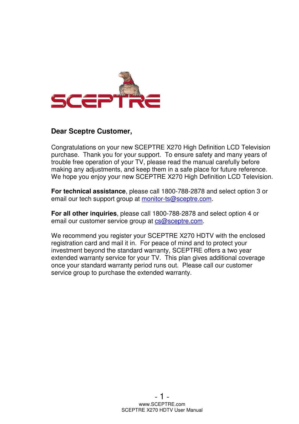 Sceptre Technologies X270 Flat Panel Television User Manual