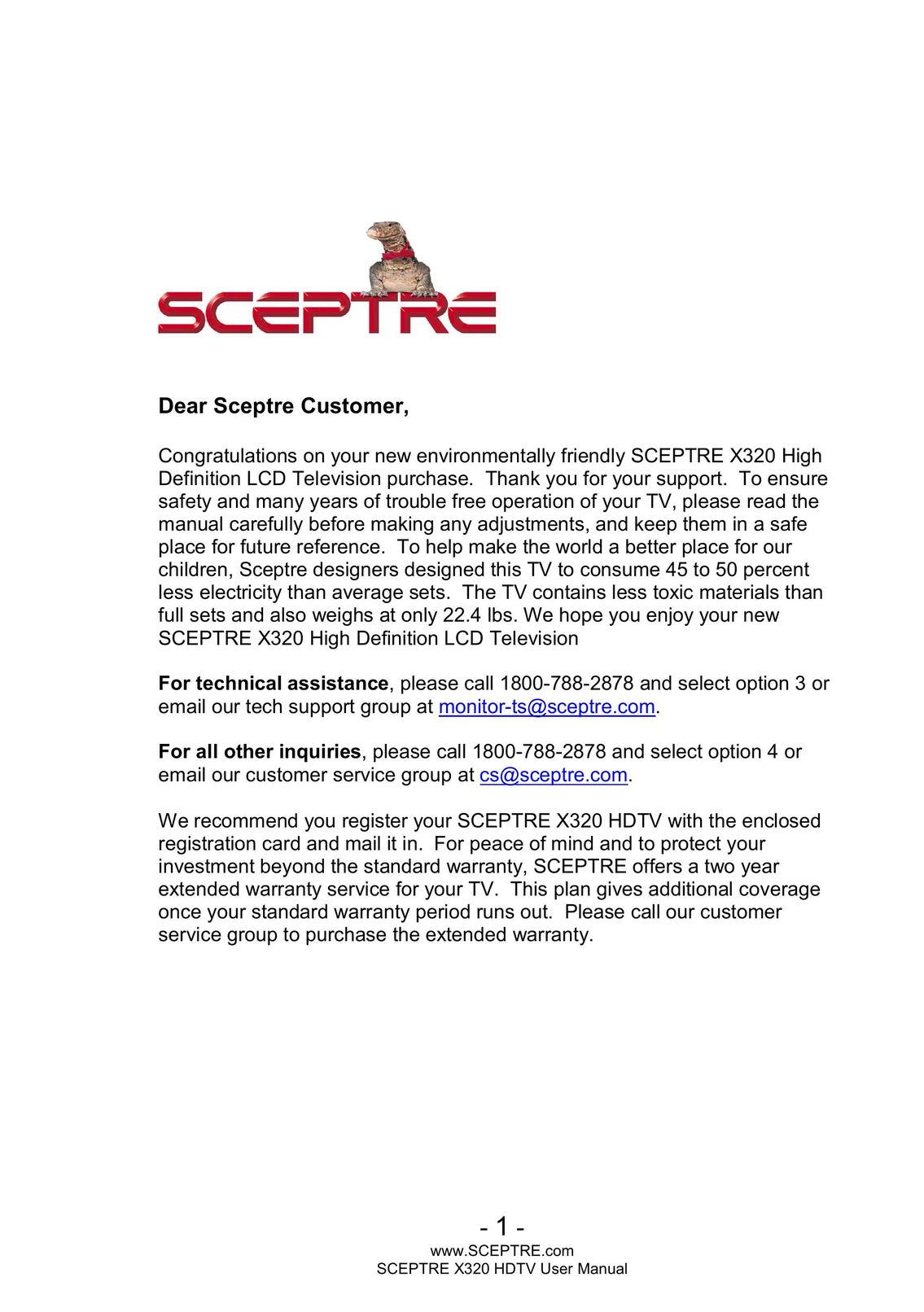 Sceptre Technologies X320 Flat Panel Television User Manual