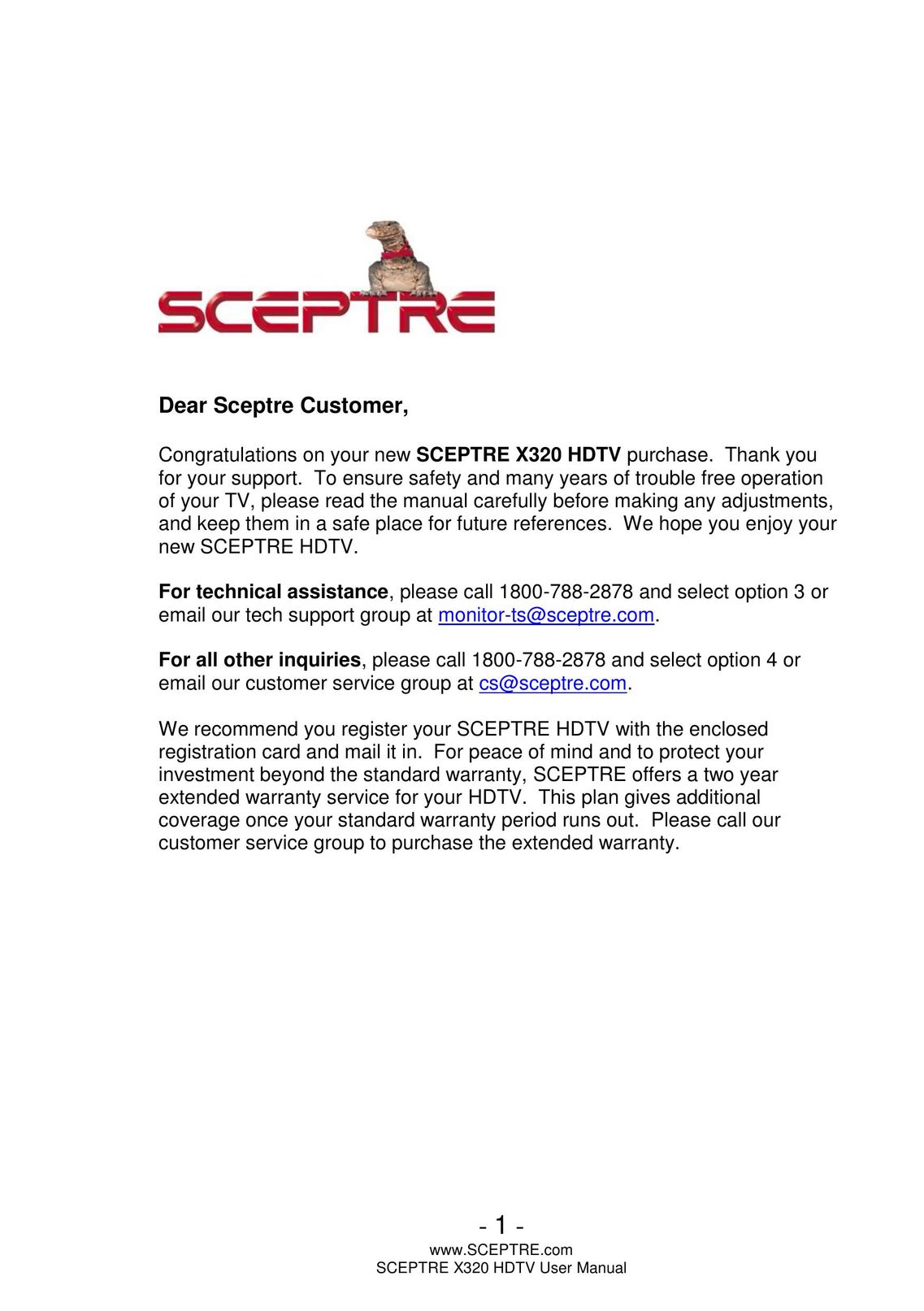 Sceptre Technologies X320 Flat Panel Television User Manual