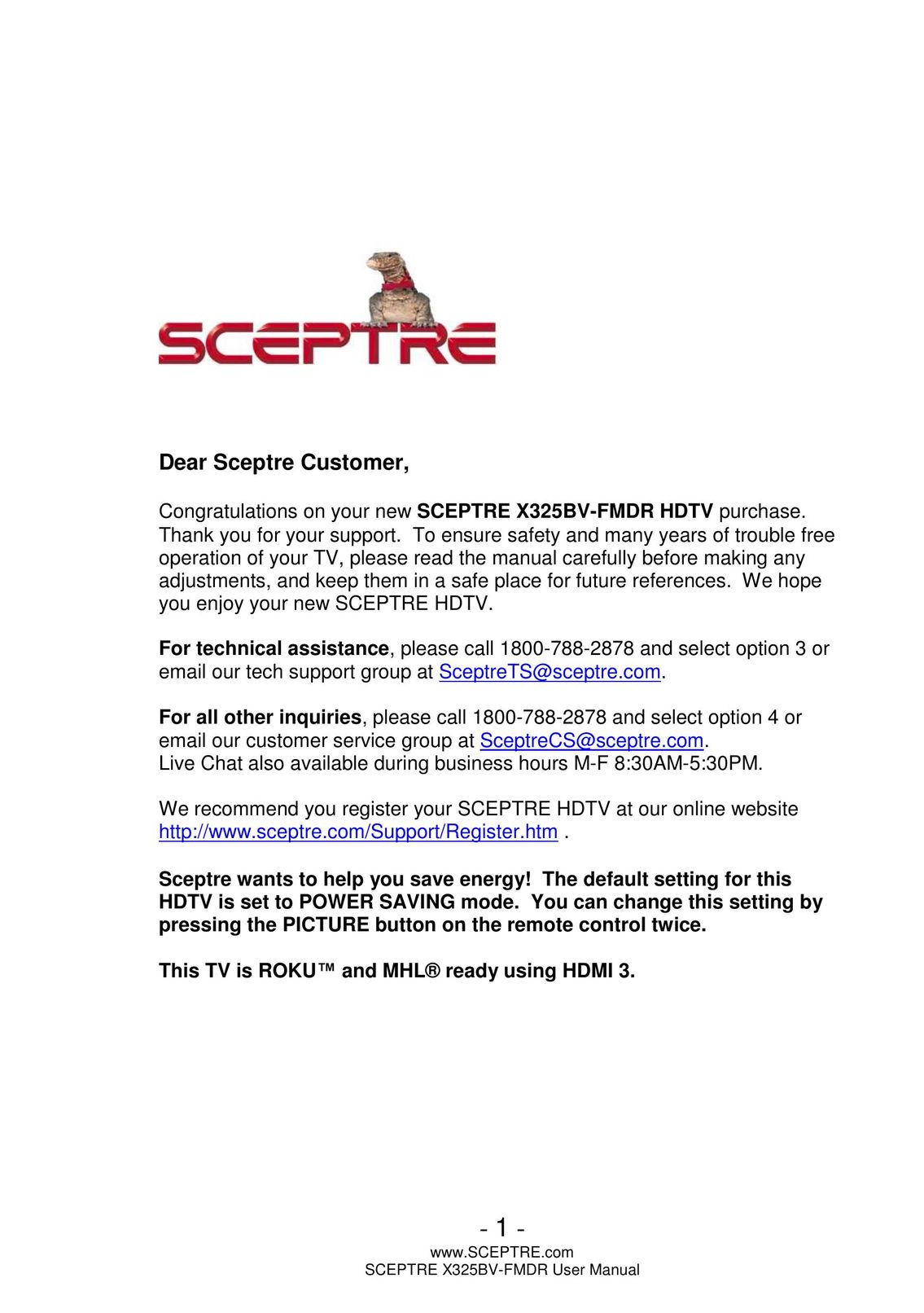 Sceptre Technologies X325BV-FMDR Flat Panel Television User Manual