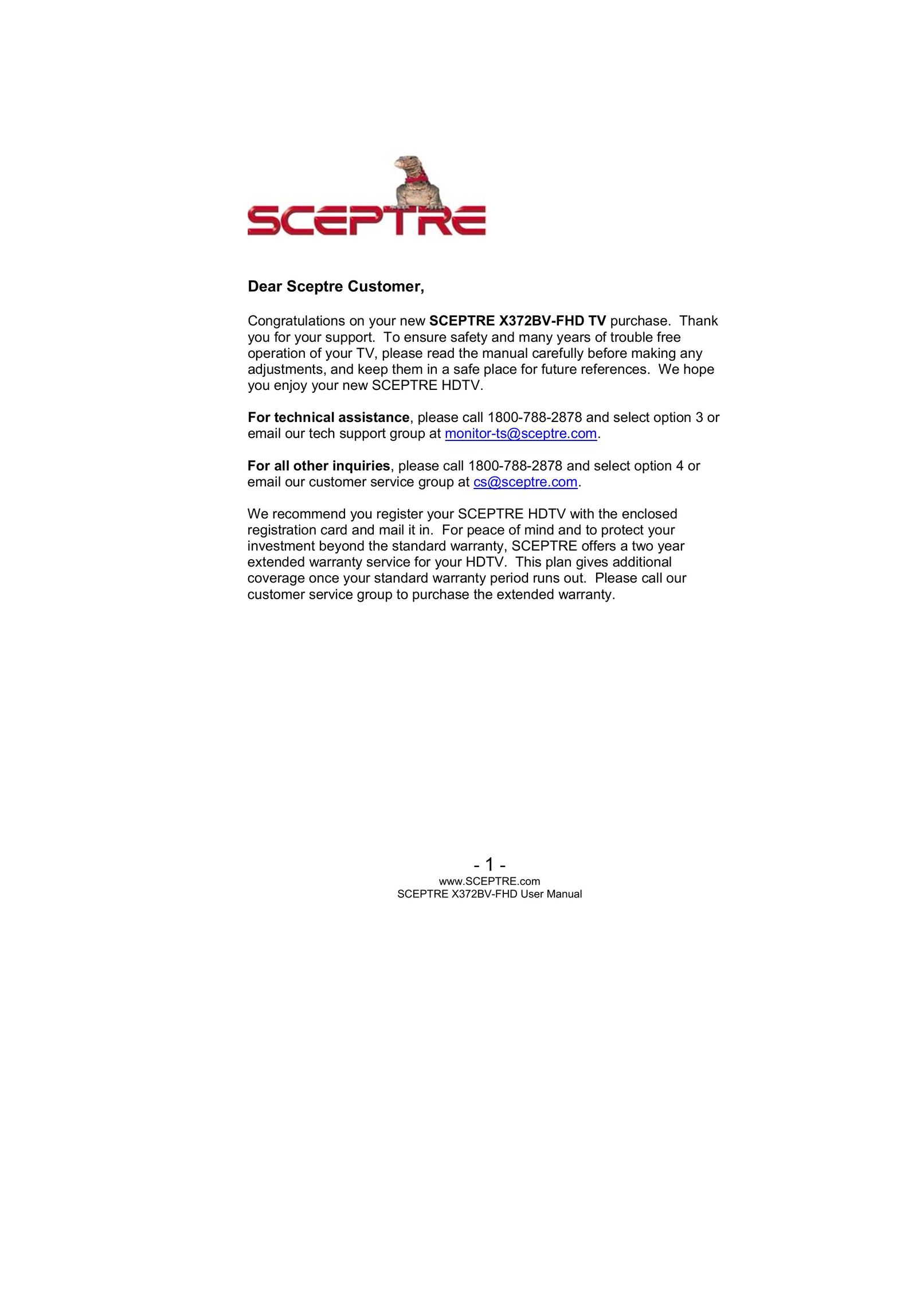 Sceptre Technologies X372BV-FHD Flat Panel Television User Manual