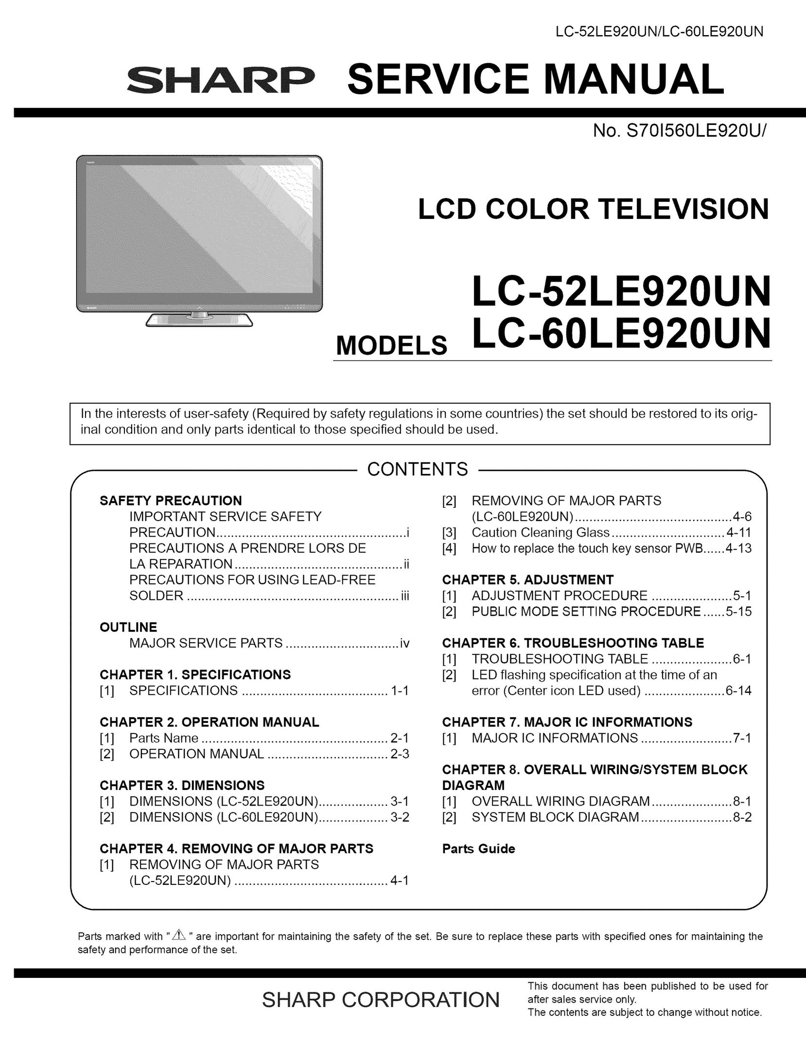 Sharp 52LE920UN Flat Panel Television User Manual