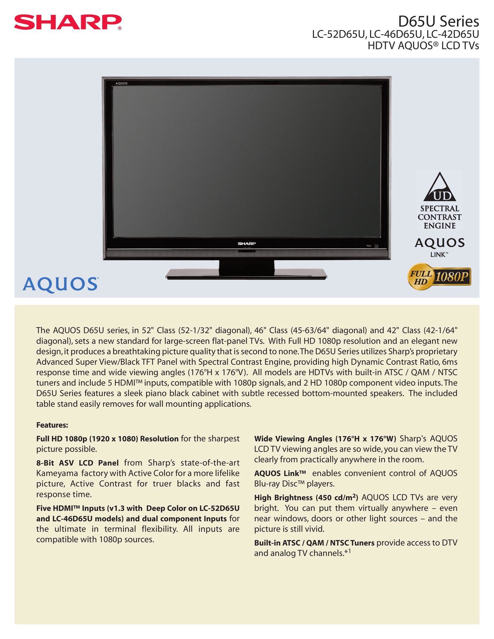 Sharp D65U Series Flat Panel Television User Manual