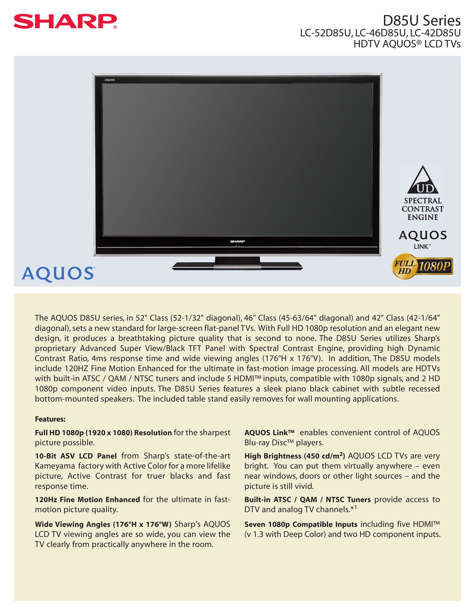 Sharp D85U Series Flat Panel Television User Manual