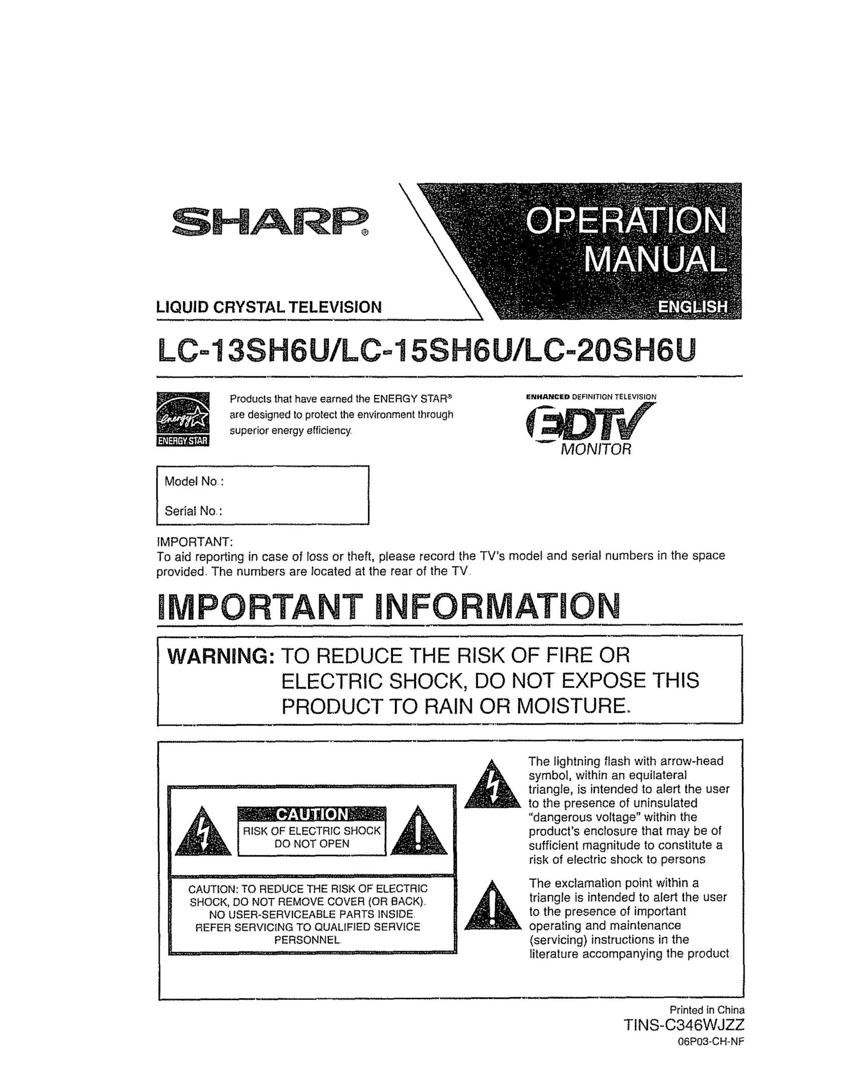 Sharp LC 13SH6U Flat Panel Television User Manual