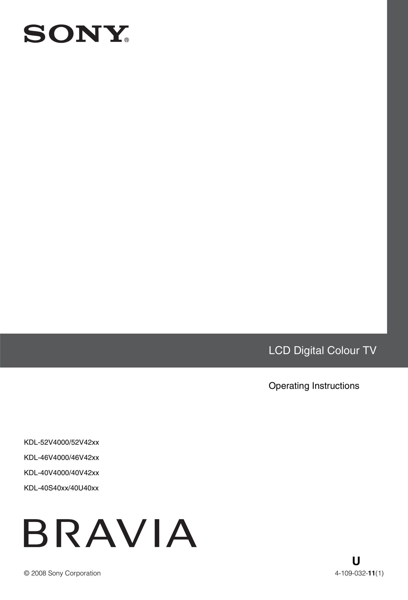Sony 4-109-032-11(1) Flat Panel Television User Manual