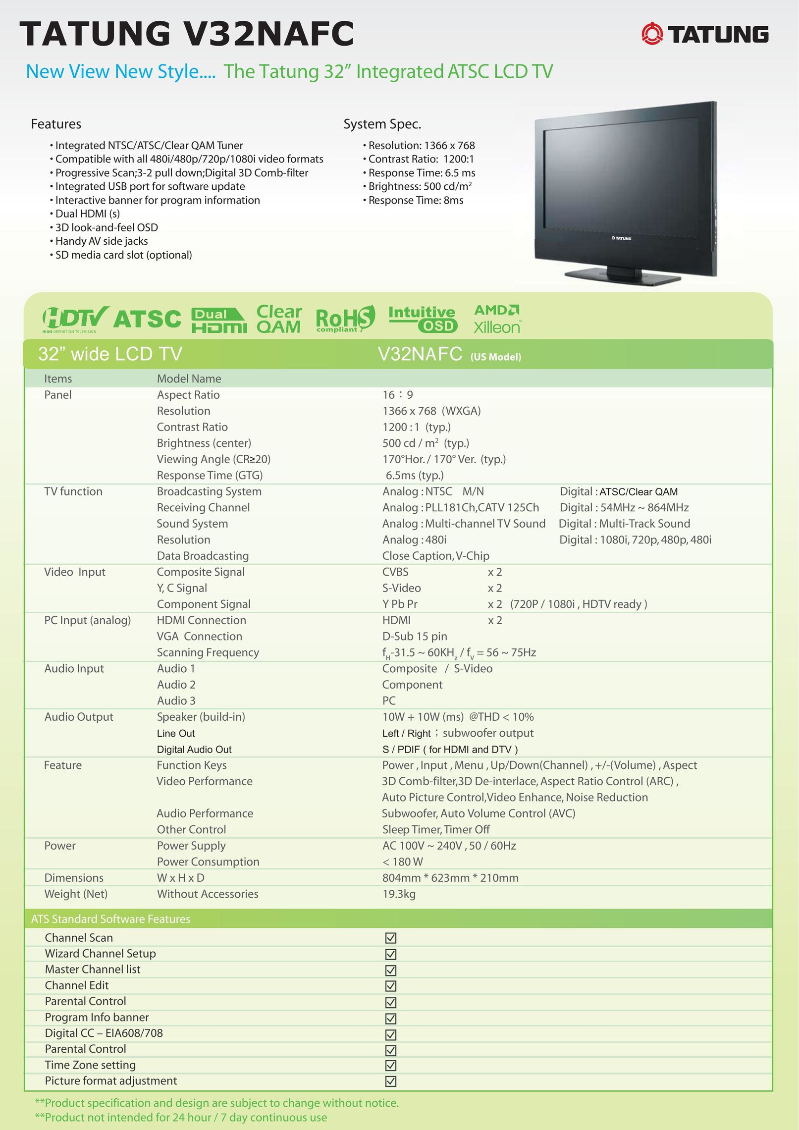 Tatung V32NAFC Flat Panel Television User Manual