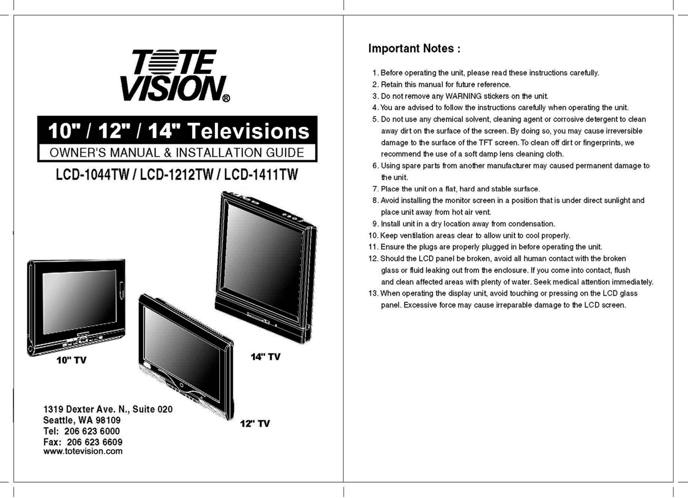 Tote Vision LCD-1212TW Flat Panel Television User Manual