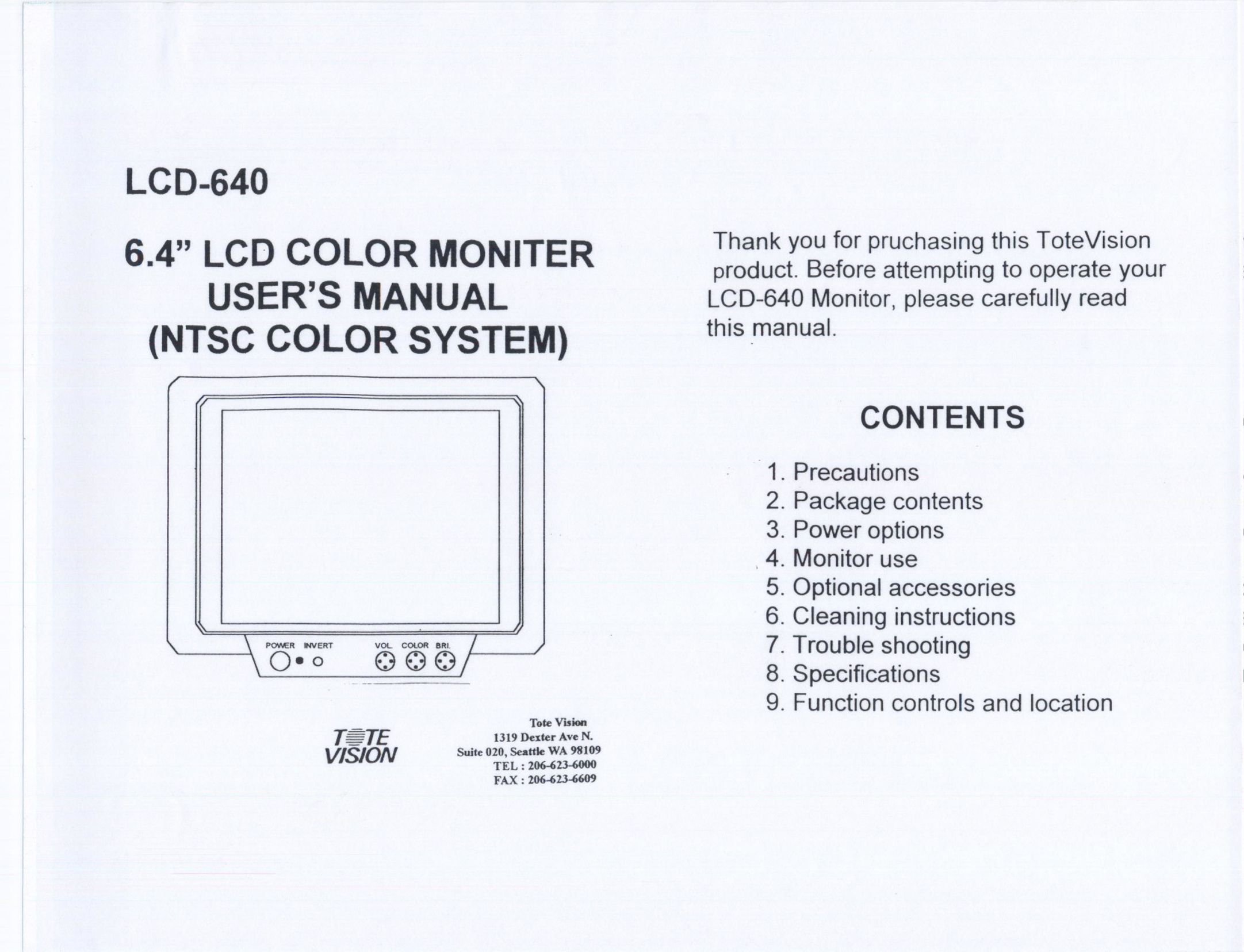 Tote Vision LCD-640 Flat Panel Television User Manual