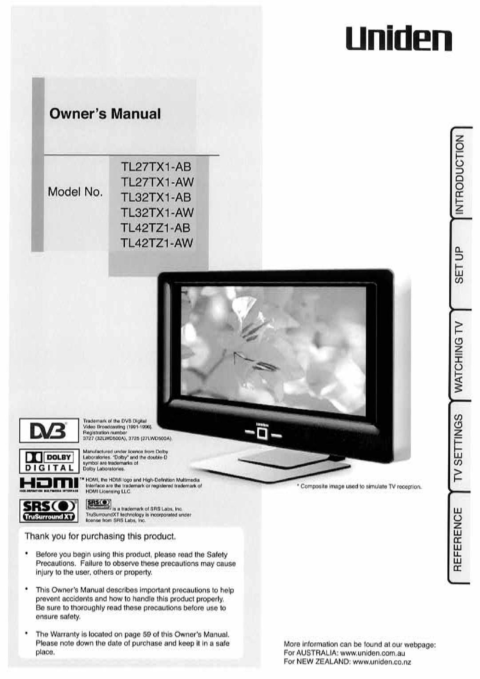 Uniden TL27TX1-AW Flat Panel Television User Manual
