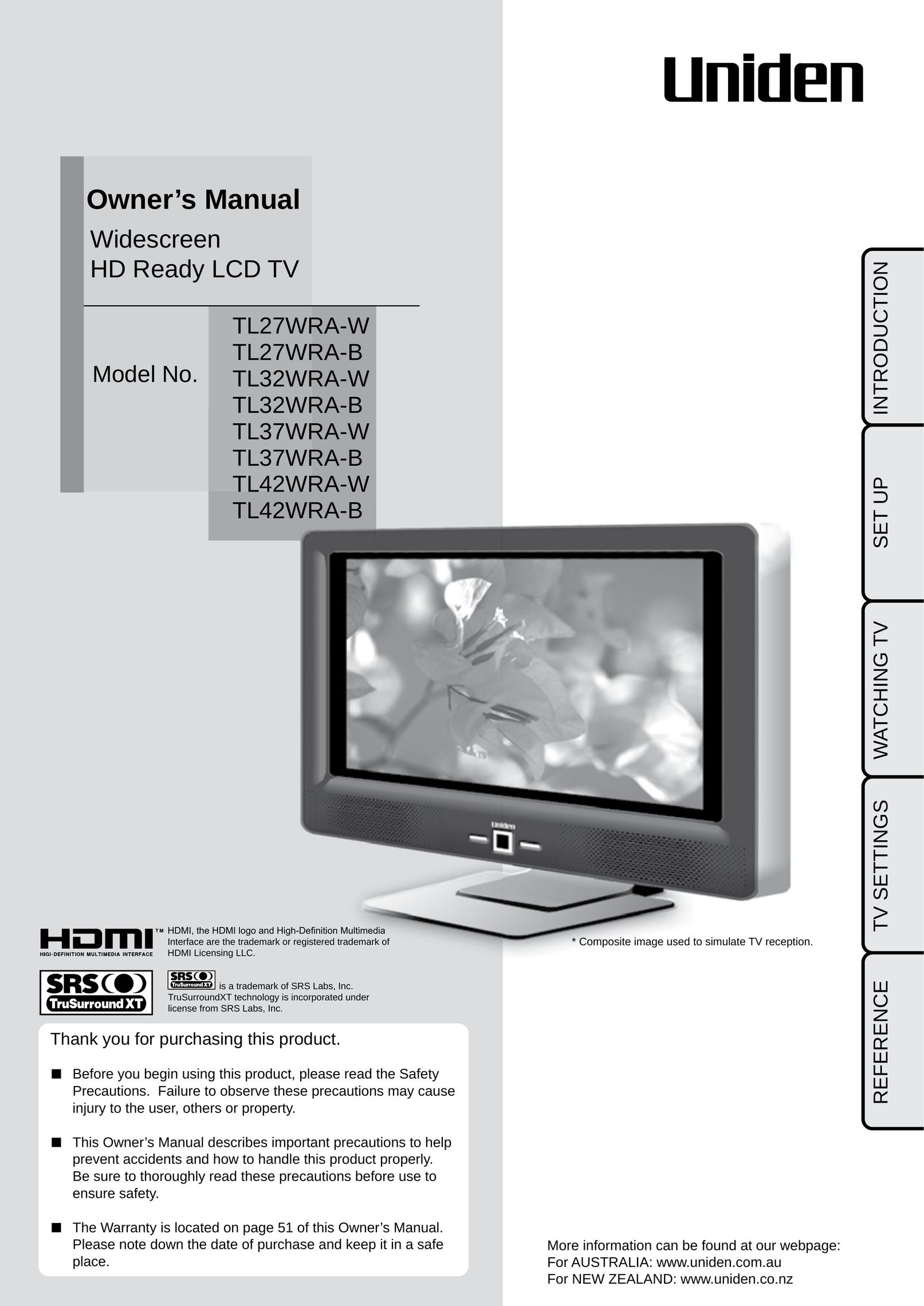 Uniden TL37WRA-W Flat Panel Television User Manual
