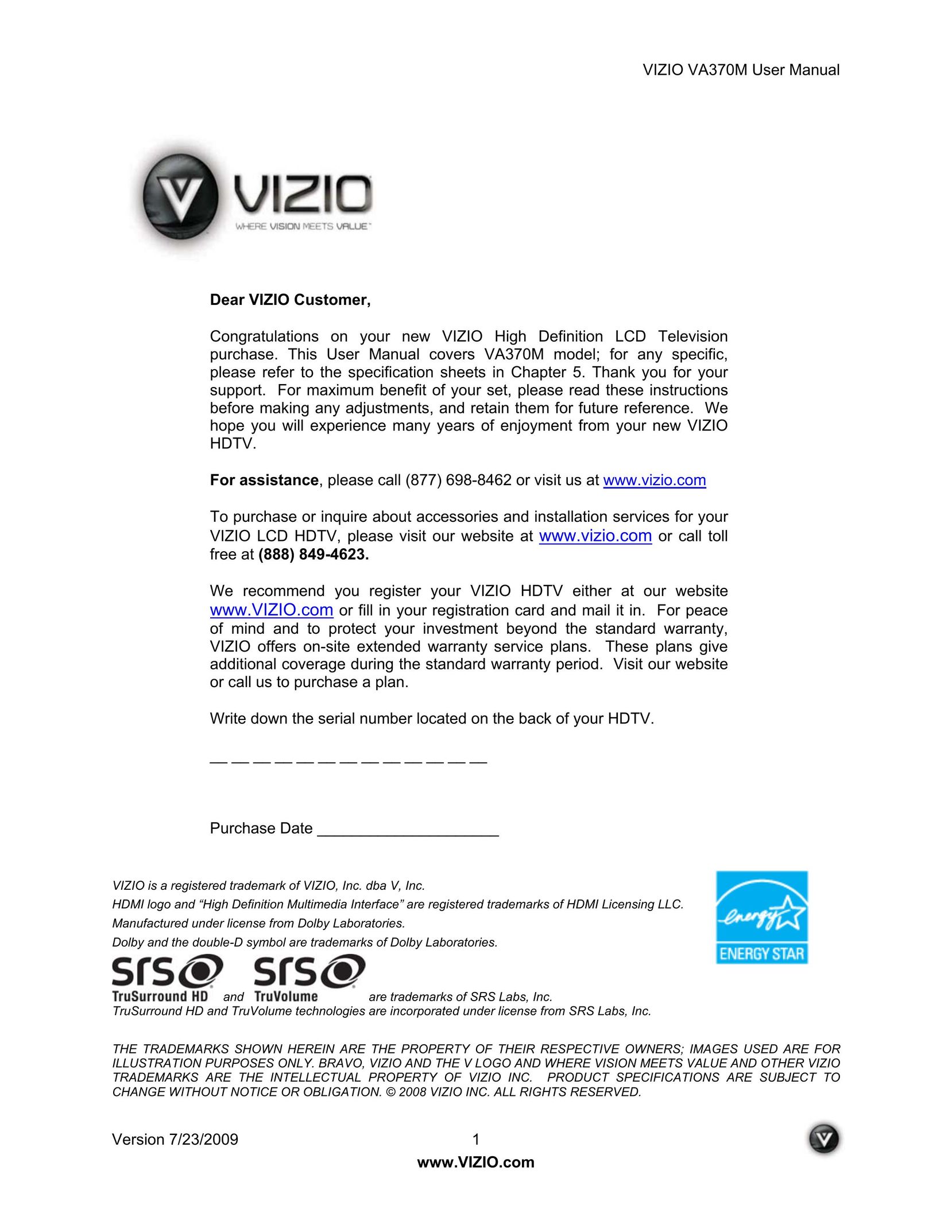 Vuzix VA370M Flat Panel Television User Manual