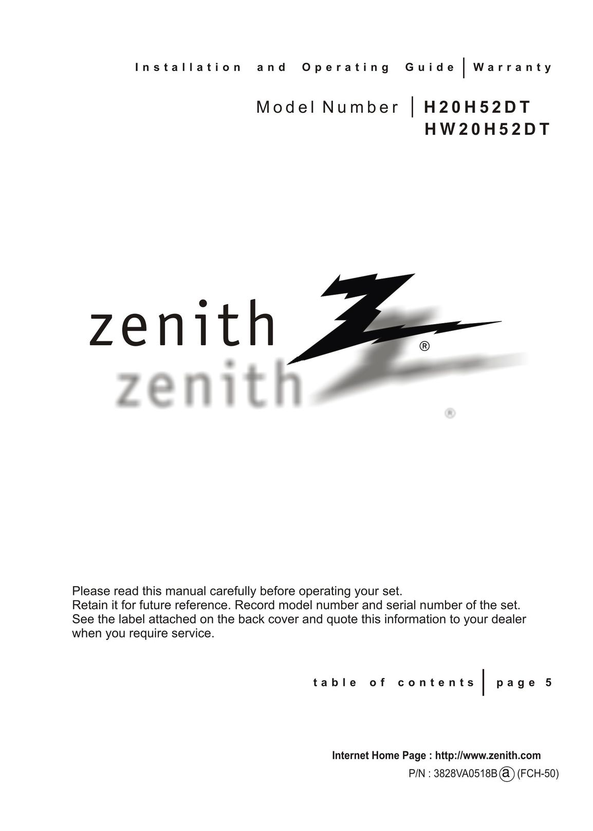 Zenith HW20H52DT Flat Panel Television User Manual
