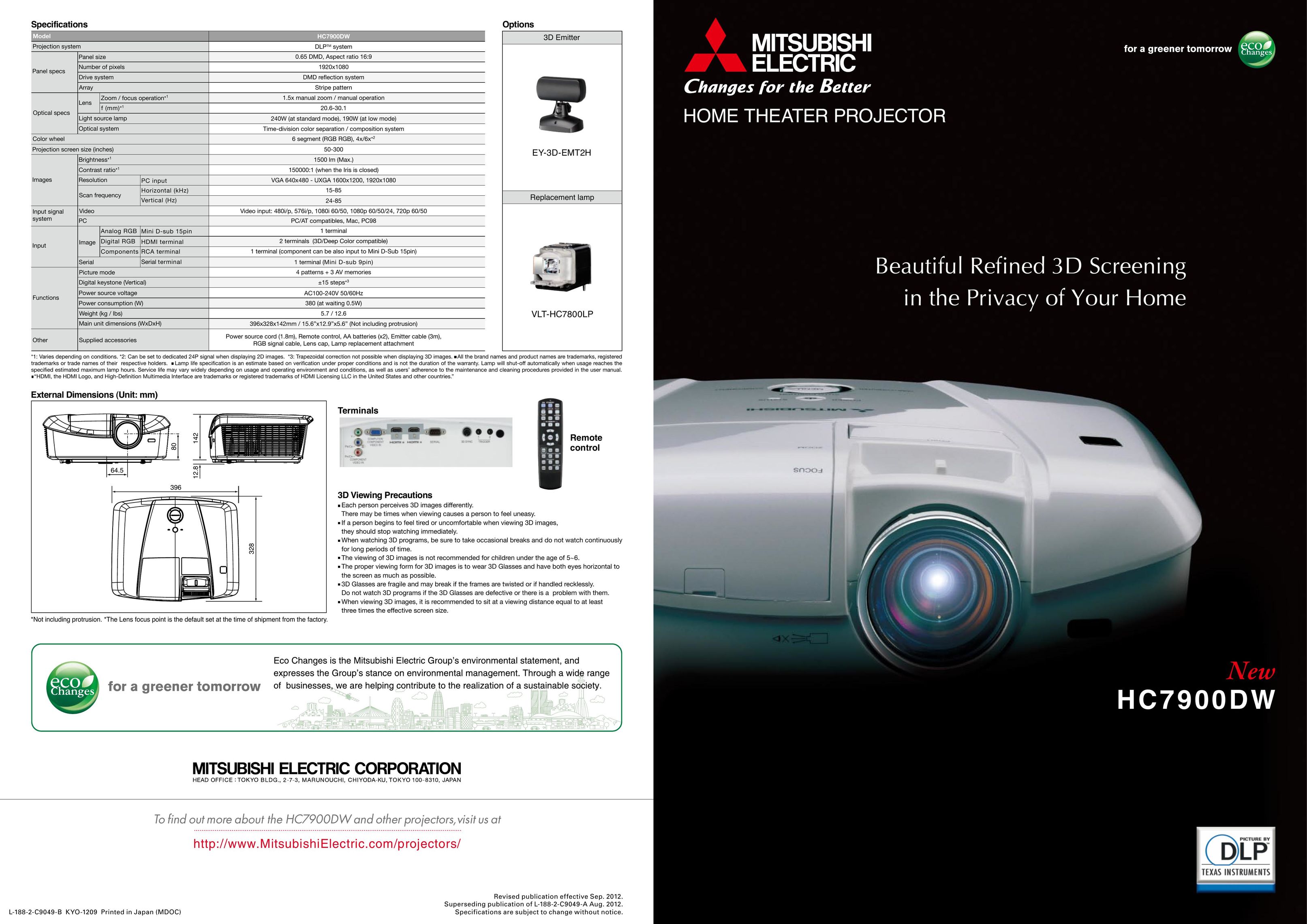 Mitsubishi Electronics HC7900DW Home Theater Screen User Manual