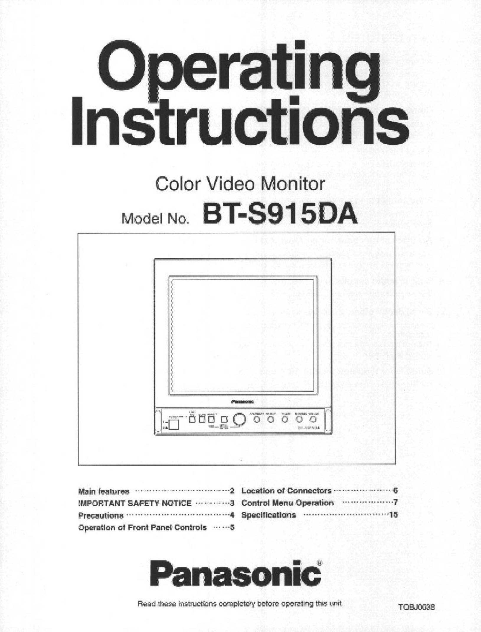 Panasonic BT-S915DA Home Theater Screen User Manual