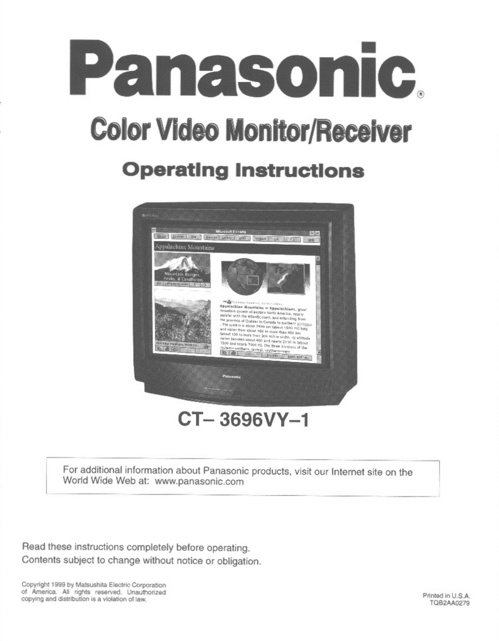 Panasonic CT-3696VY-1 Home Theater Screen User Manual