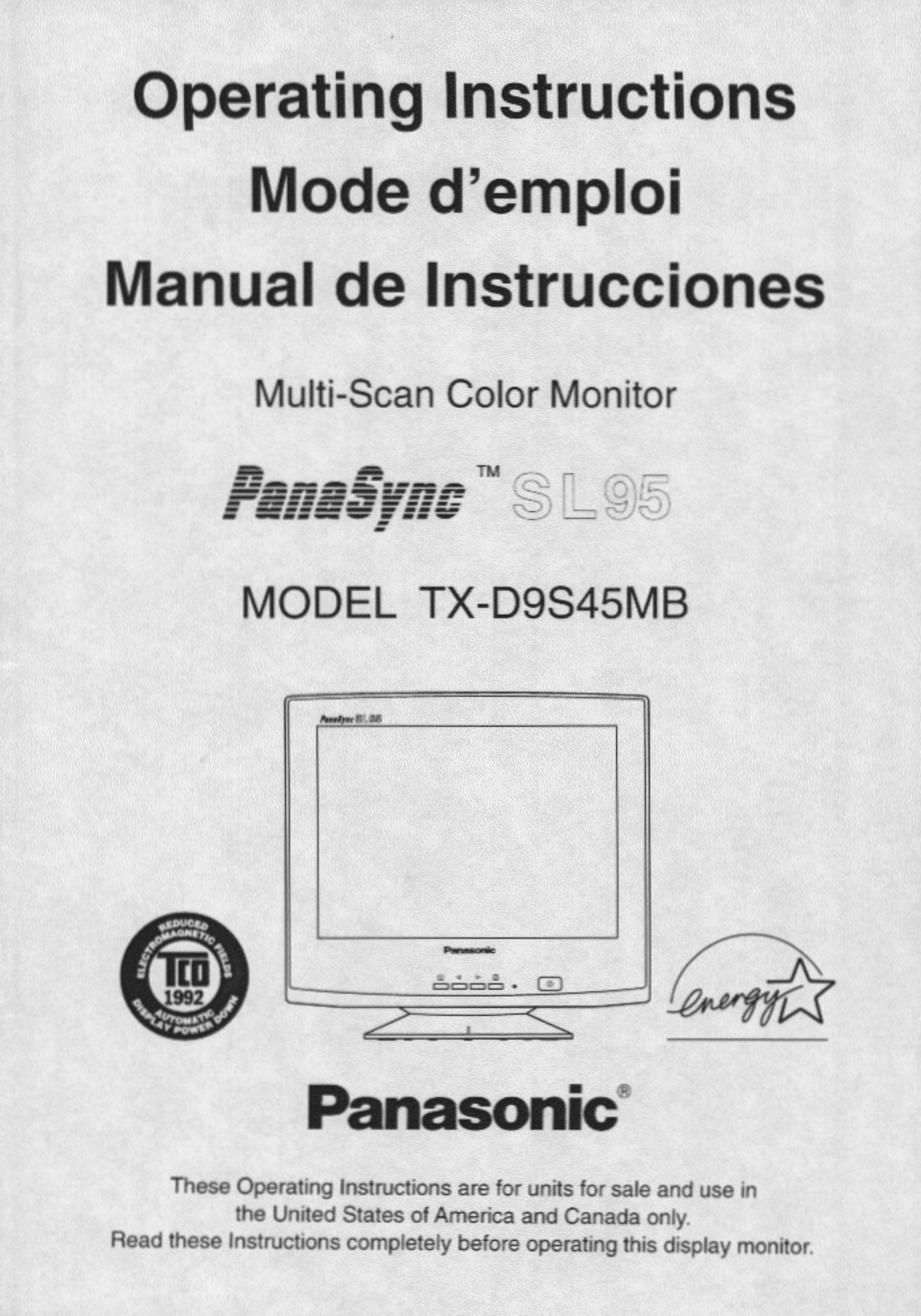 Panasonic TX-D9S45MB Home Theater Screen User Manual