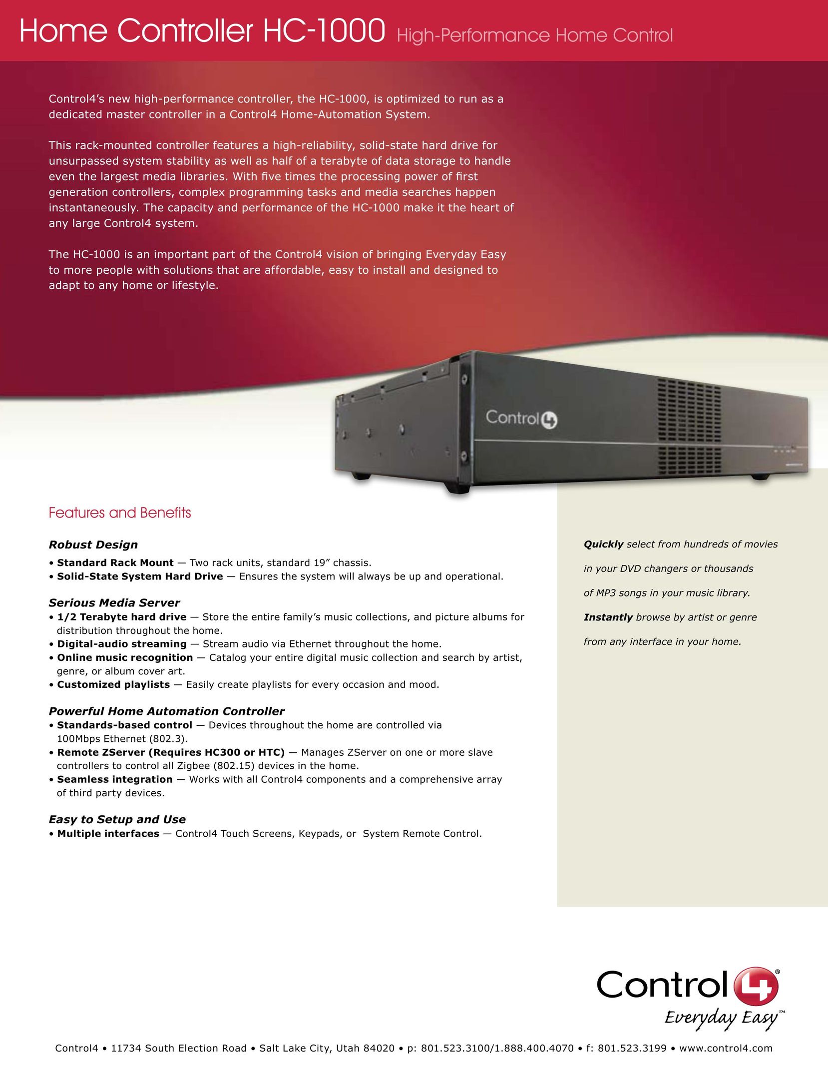 Control4 C4-HC1000-E-B Home Theater Server User Manual