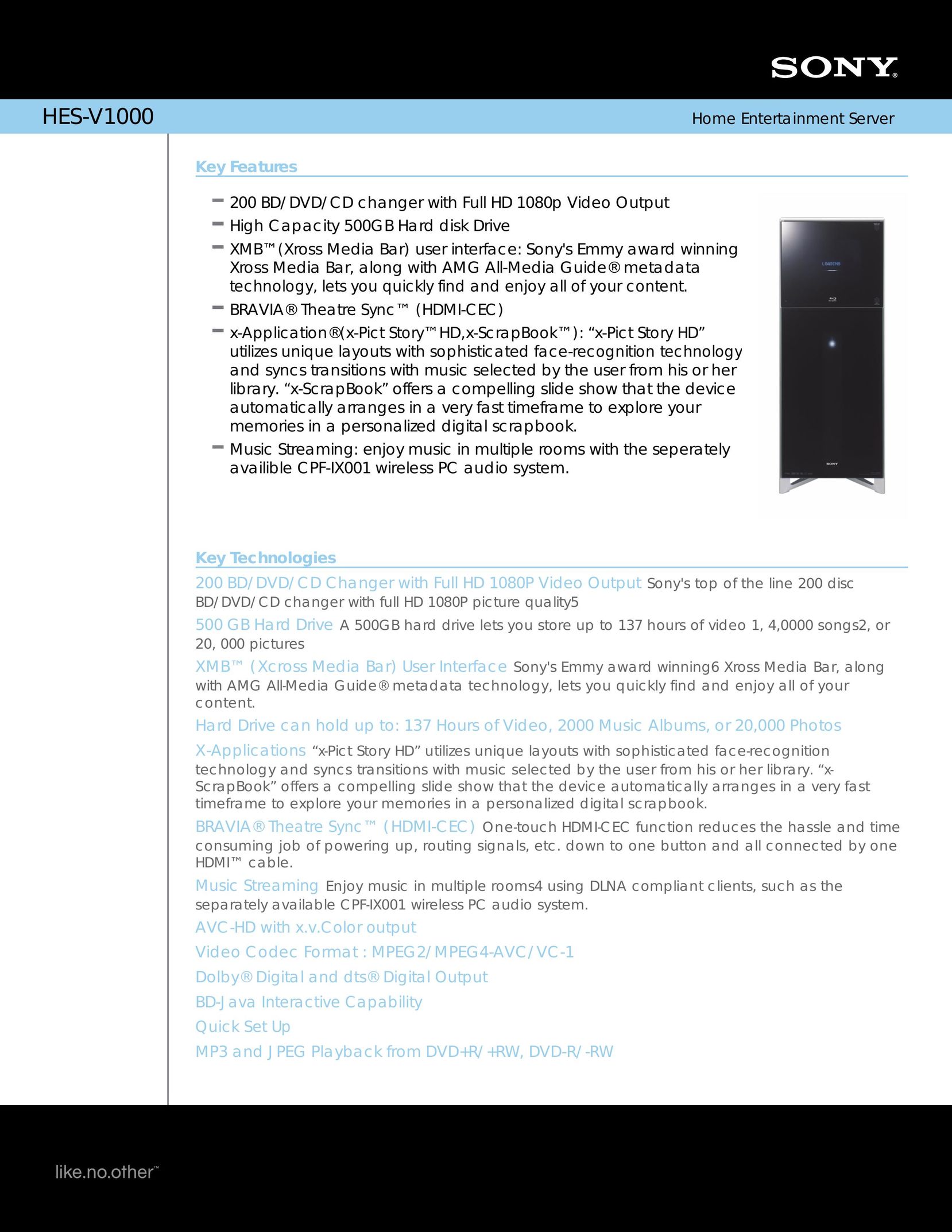 Sony HES-V1000 Home Theater Server User Manual