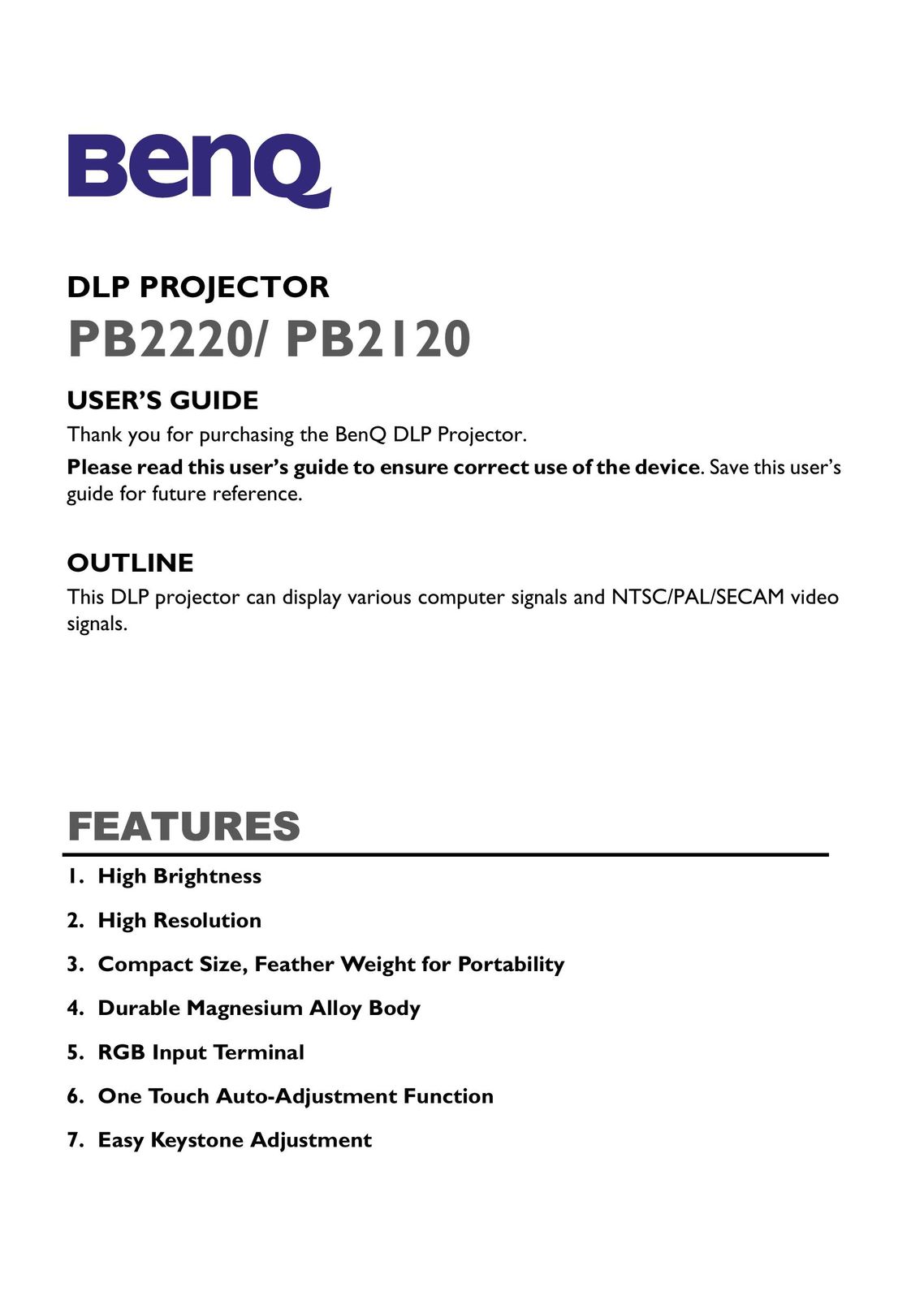 BenQ PB2220/ PB2120 Projection Television User Manual