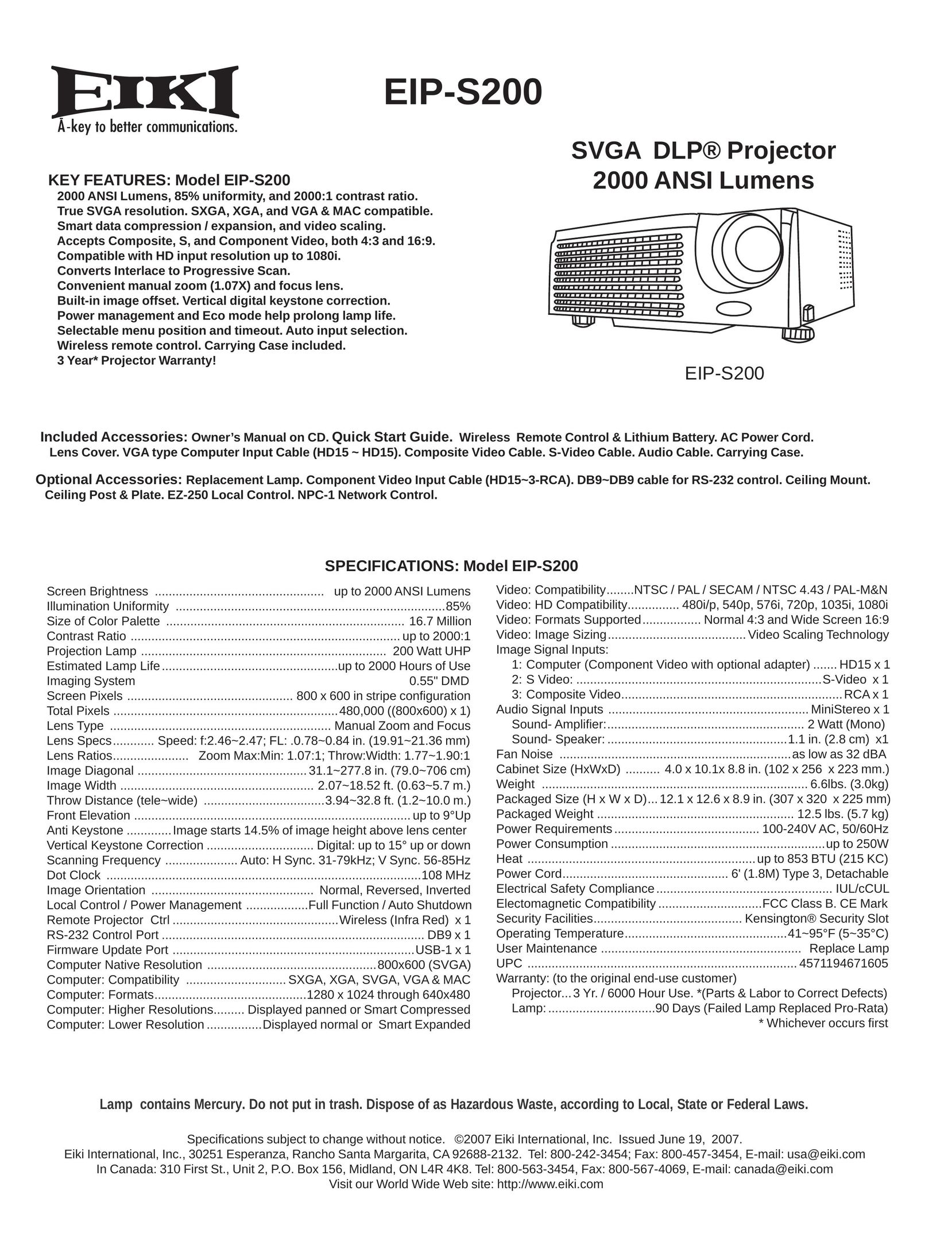 Eiki EIP-S200 Projection Television User Manual