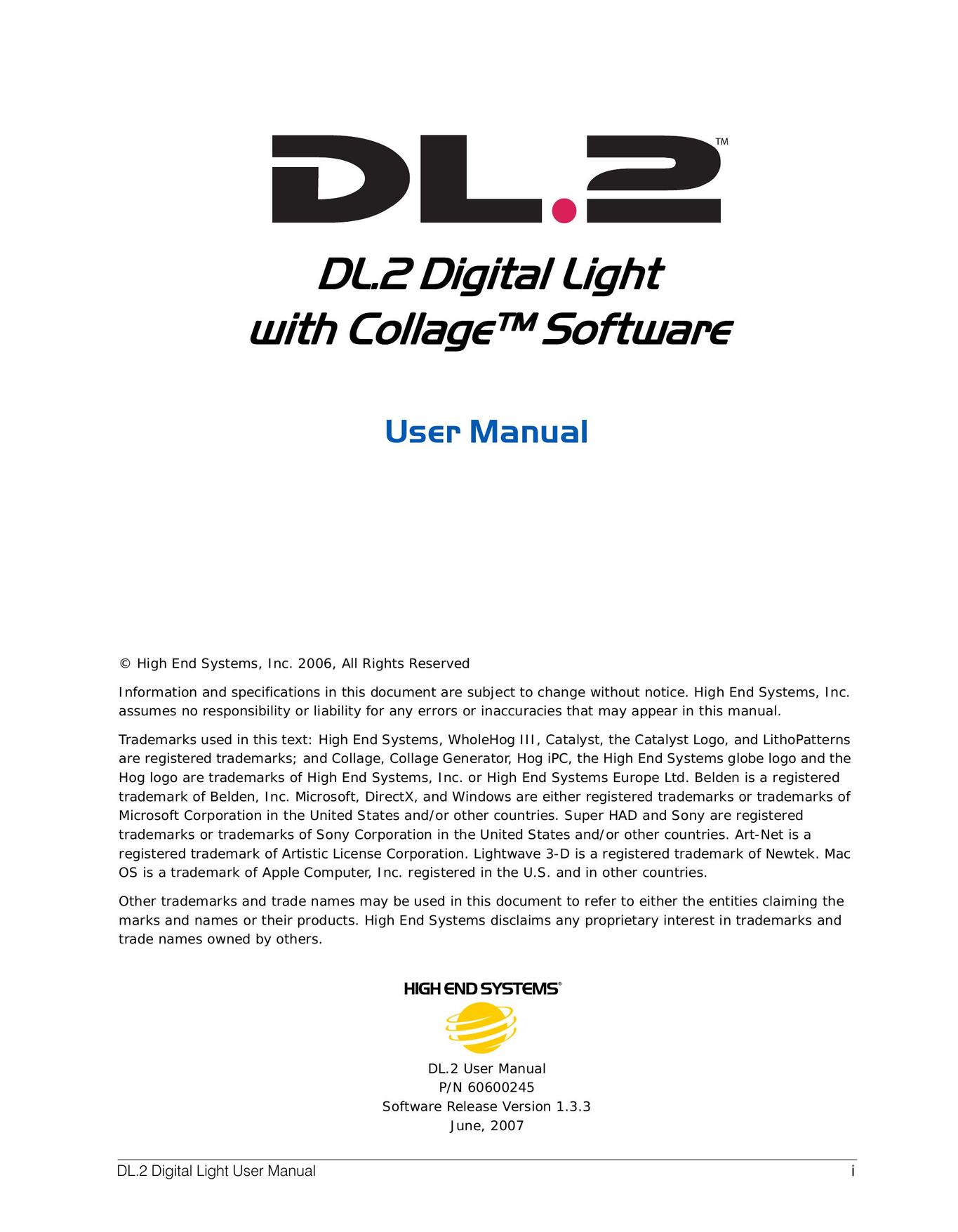 High End Systems DL.2 Projection Television User Manual