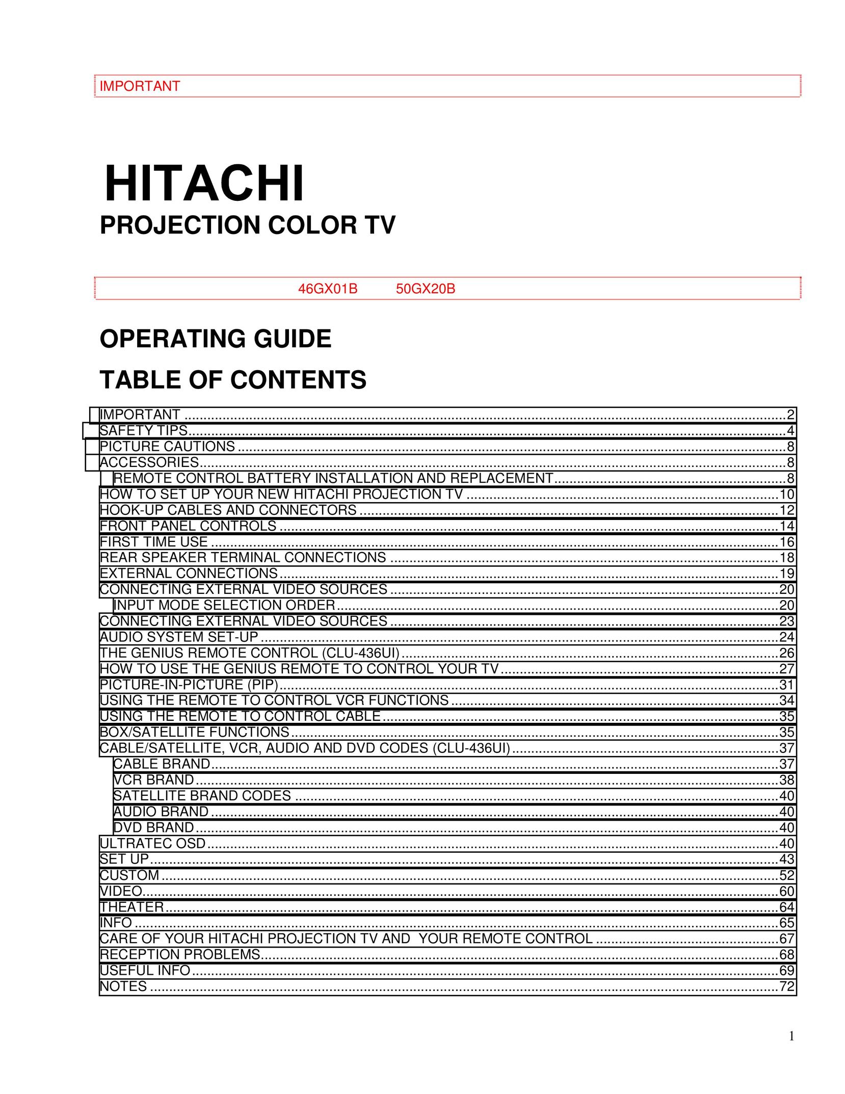 Hitachi 46GX01B Projection Television User Manual