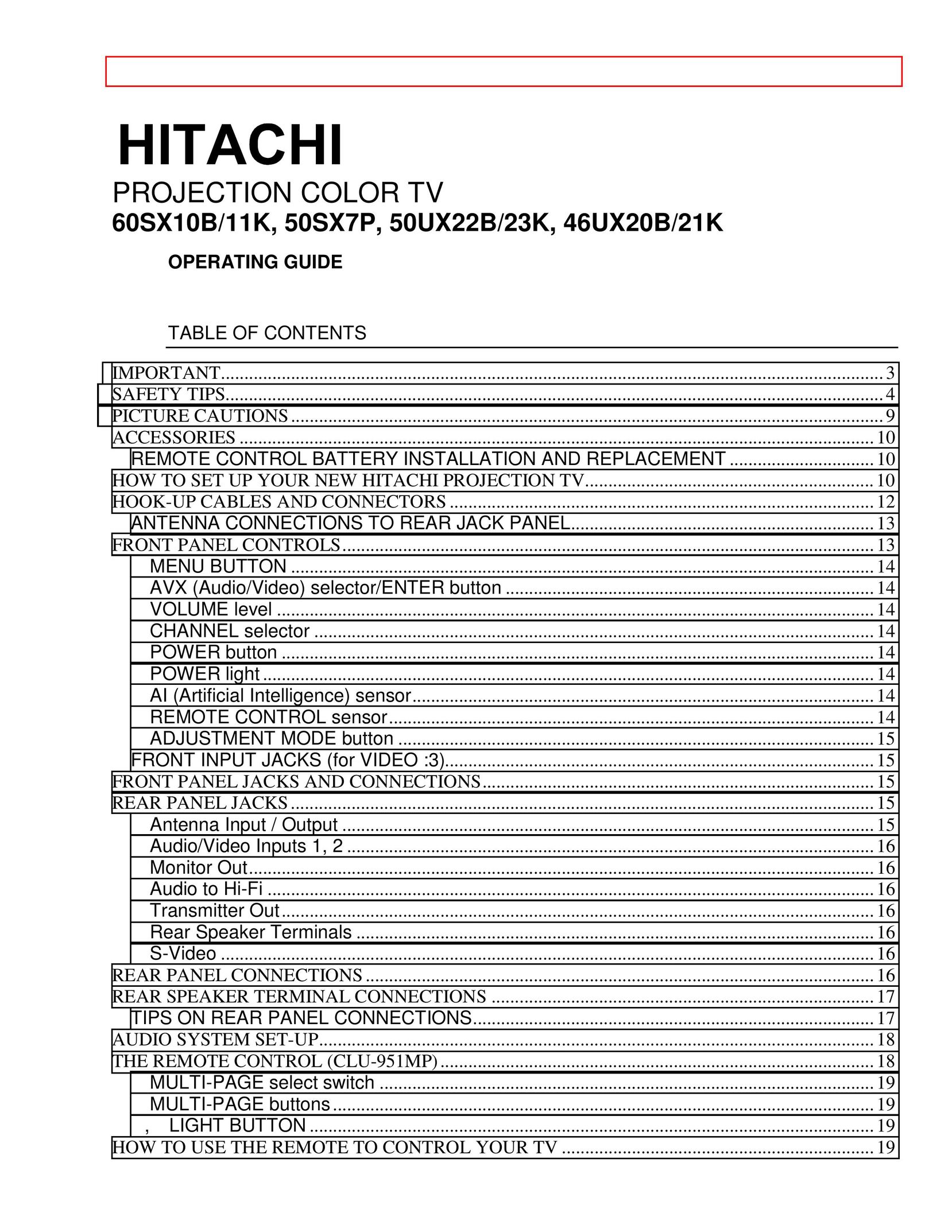 Hitachi 46UX20B Projection Television User Manual