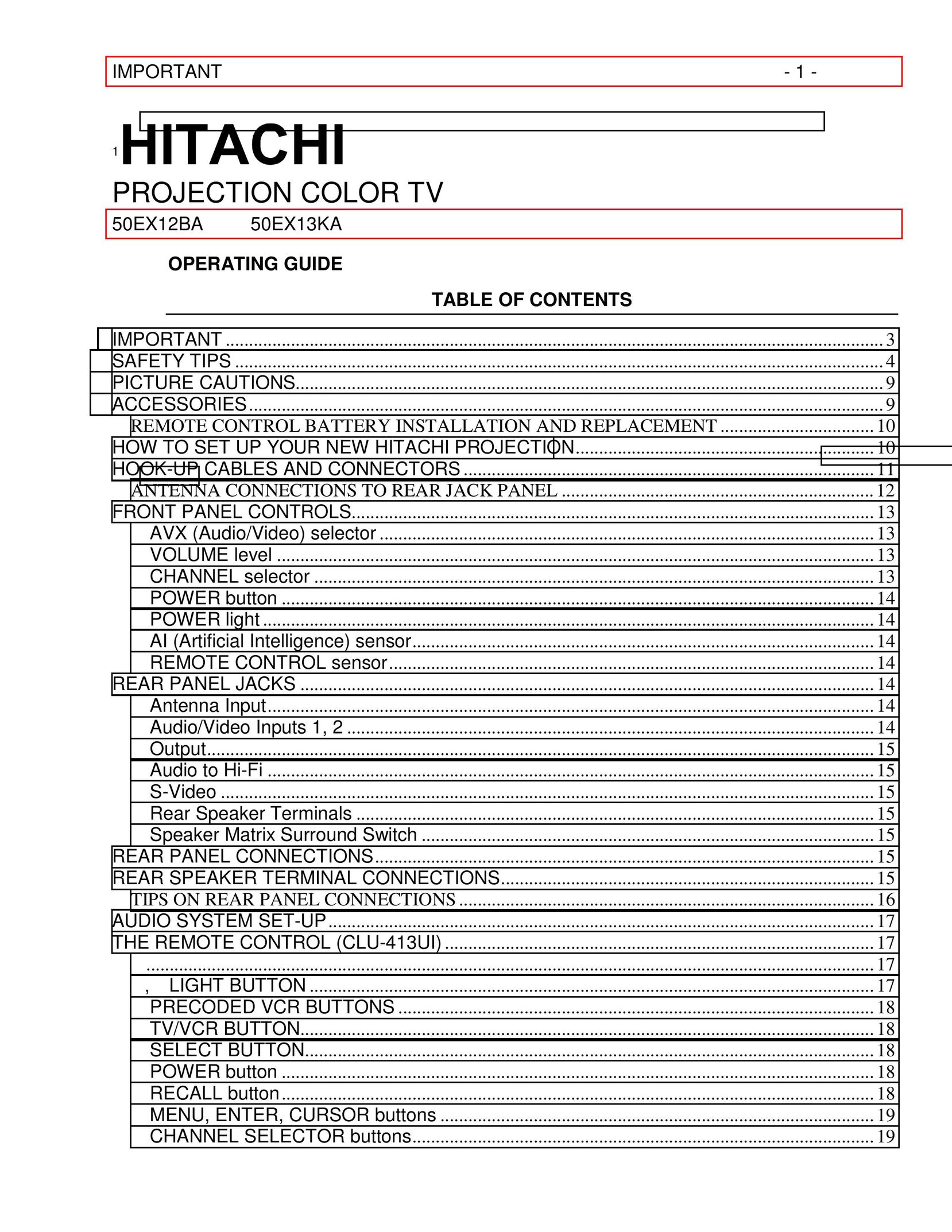 Hitachi 50EX12BA Projection Television User Manual