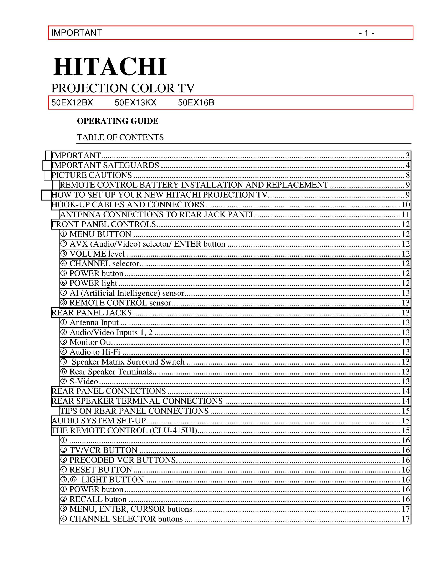 Hitachi 50EX13KX Projection Television User Manual