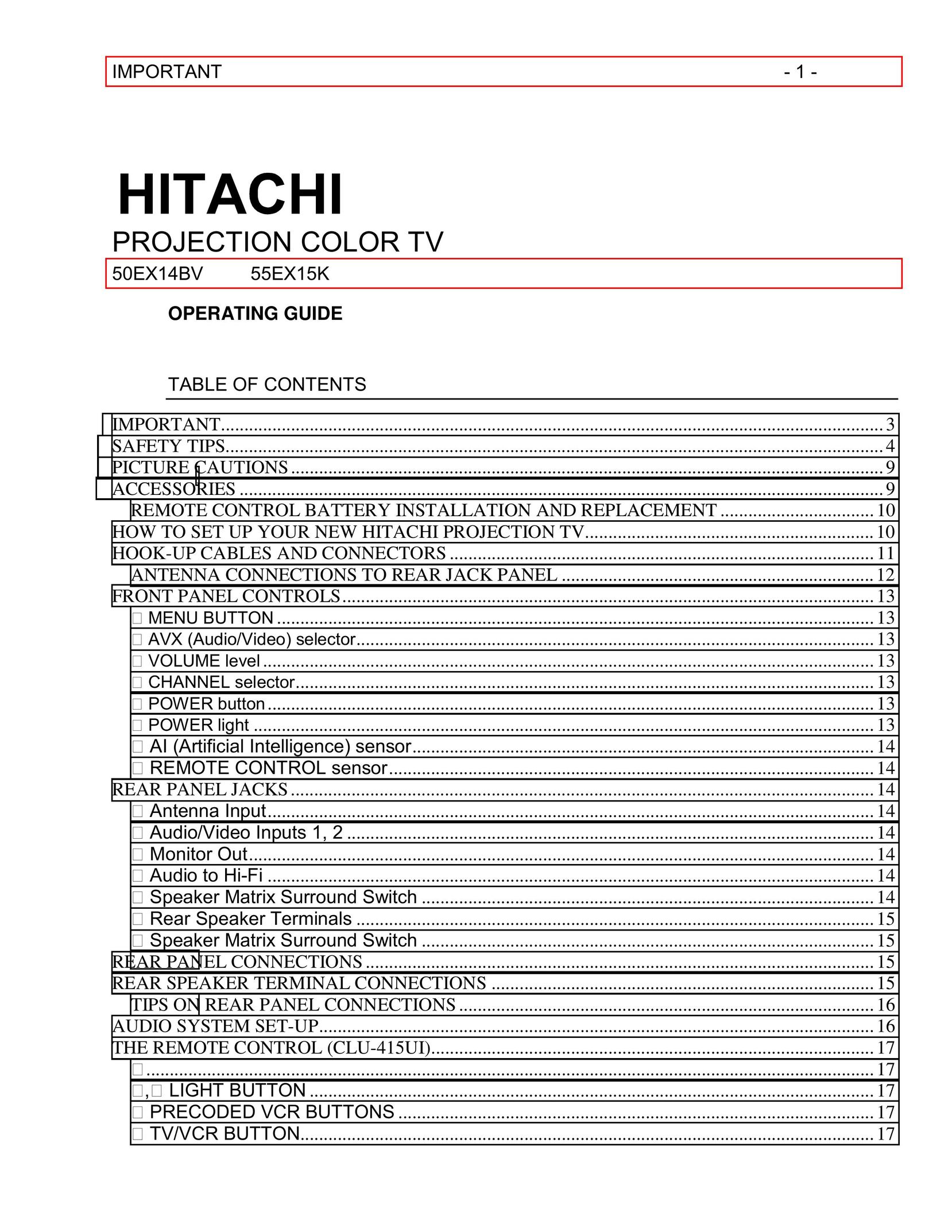 Hitachi 50EX14BV Projection Television User Manual