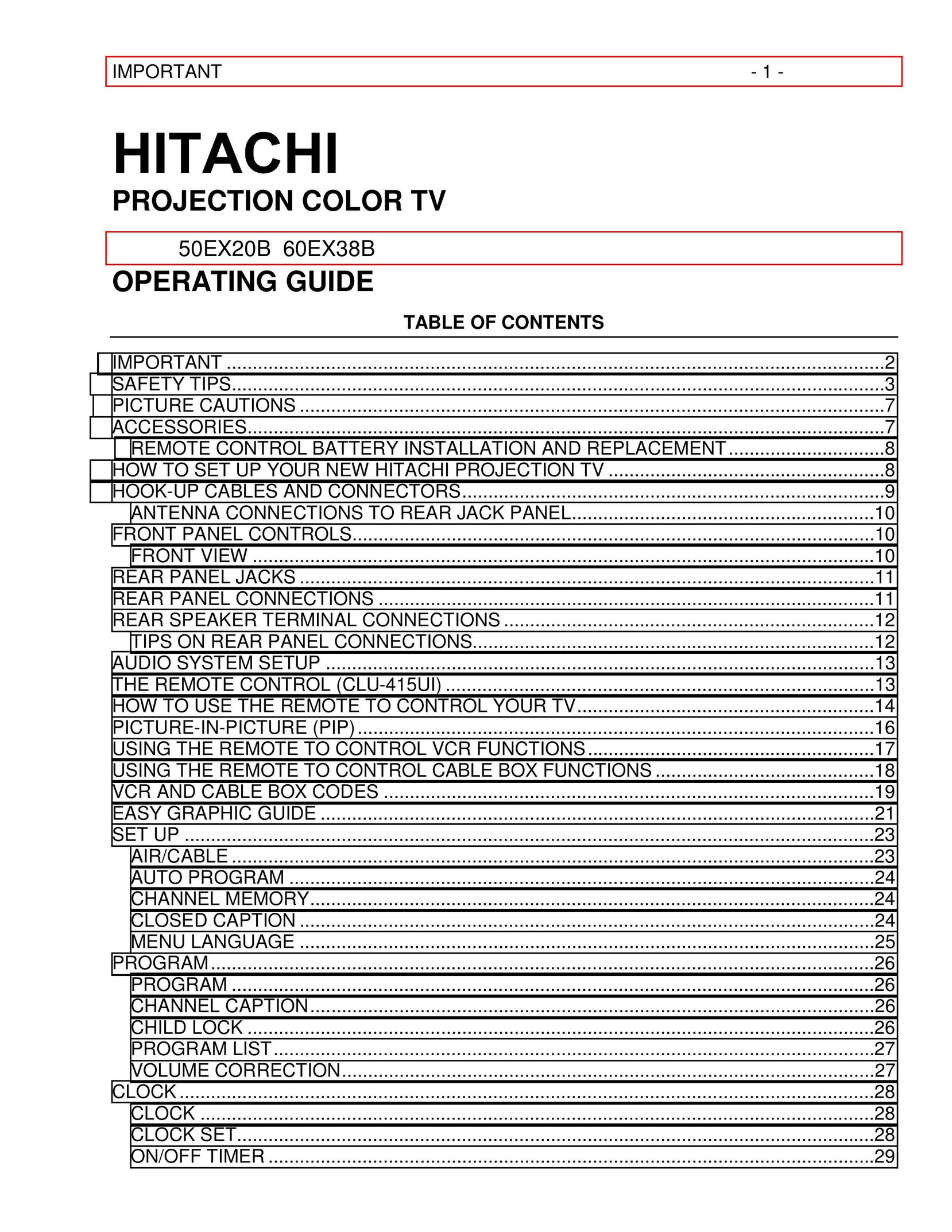 Hitachi 50EX20B Projection Television User Manual