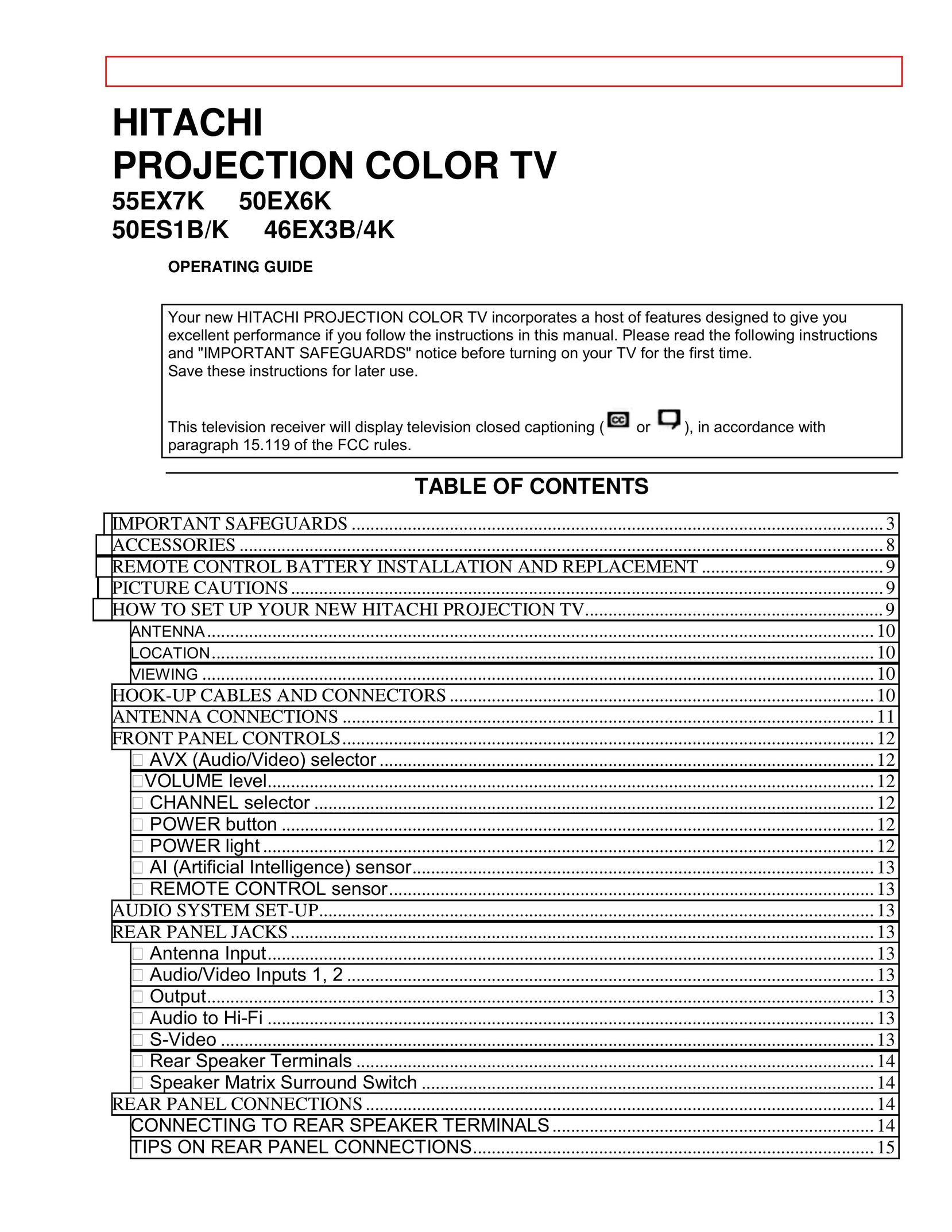 Hitachi 50EX6K Projection Television User Manual