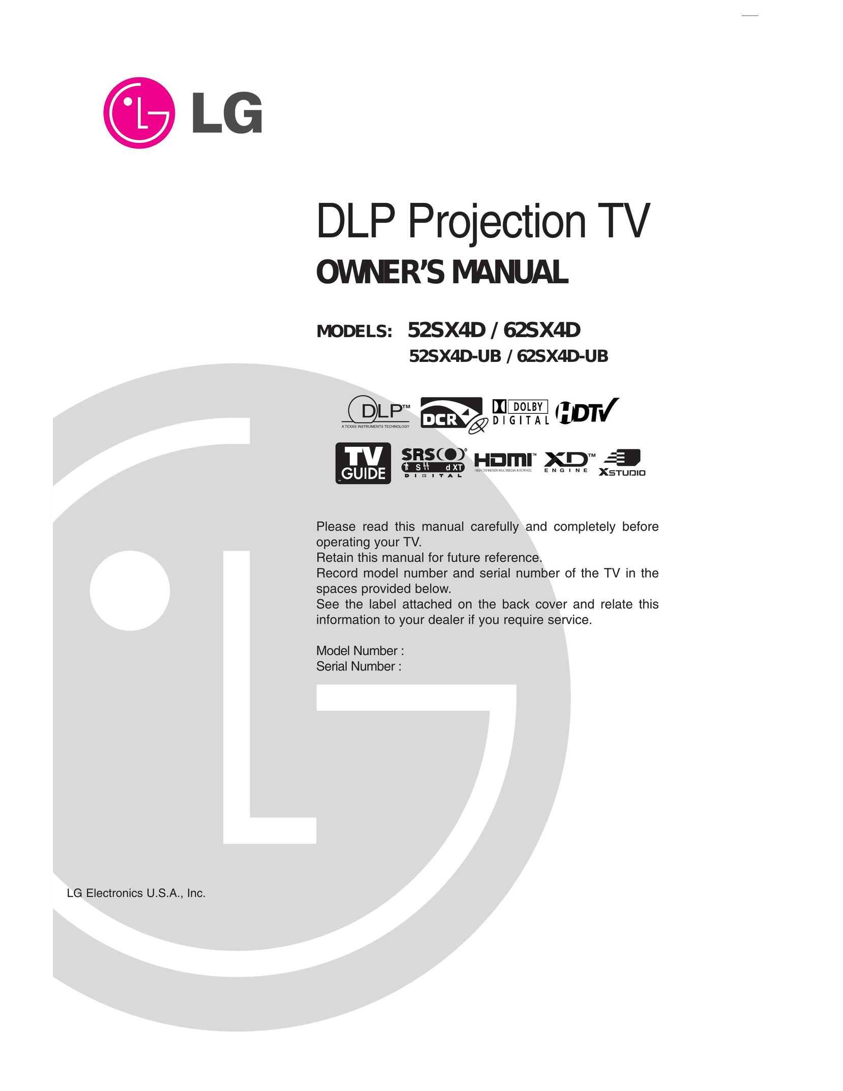 LG Electronics 52SX4D Projection Television User Manual