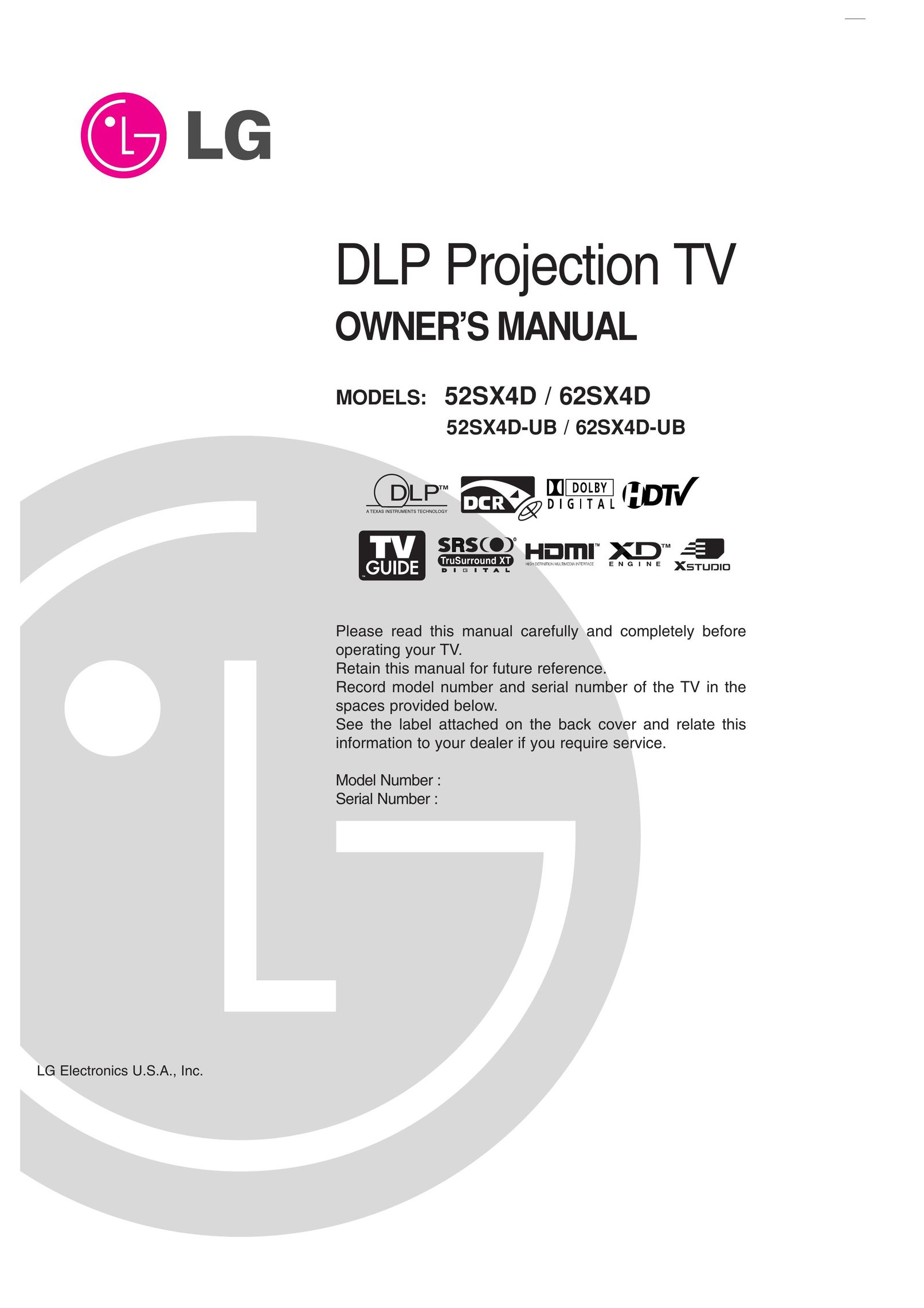 LG Electronics 52SX4D-UB Projection Television User Manual