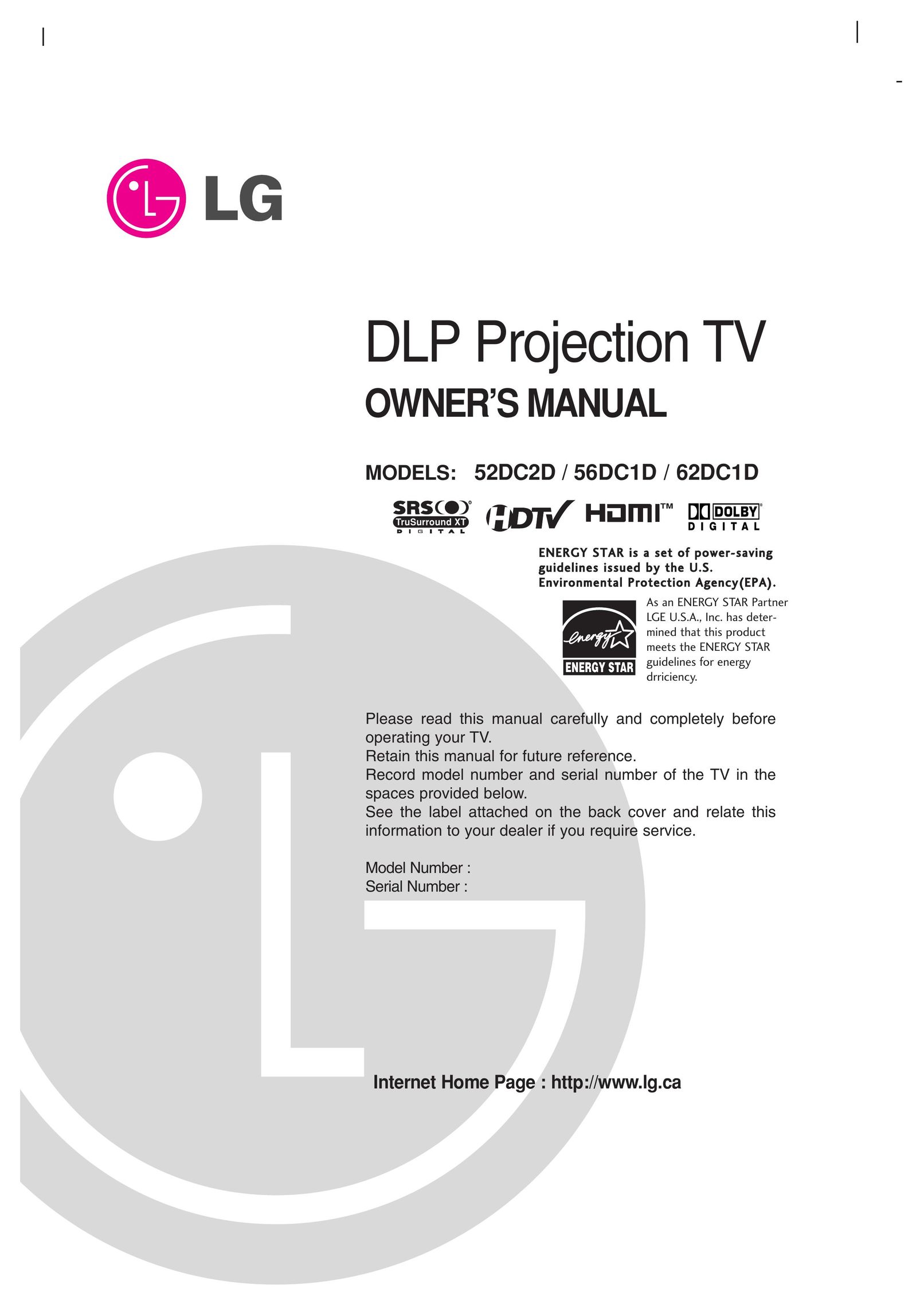 LG Electronics 62DC1D Projection Television User Manual